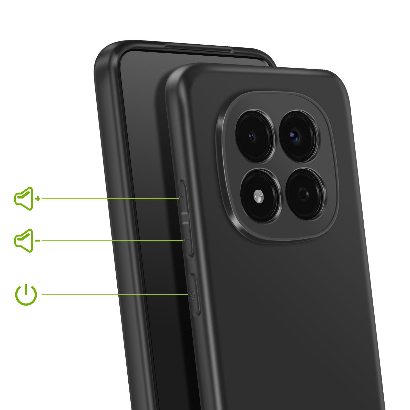 Smartphone nero con fotocamera quadrupla, pulsanti volume e accensione.