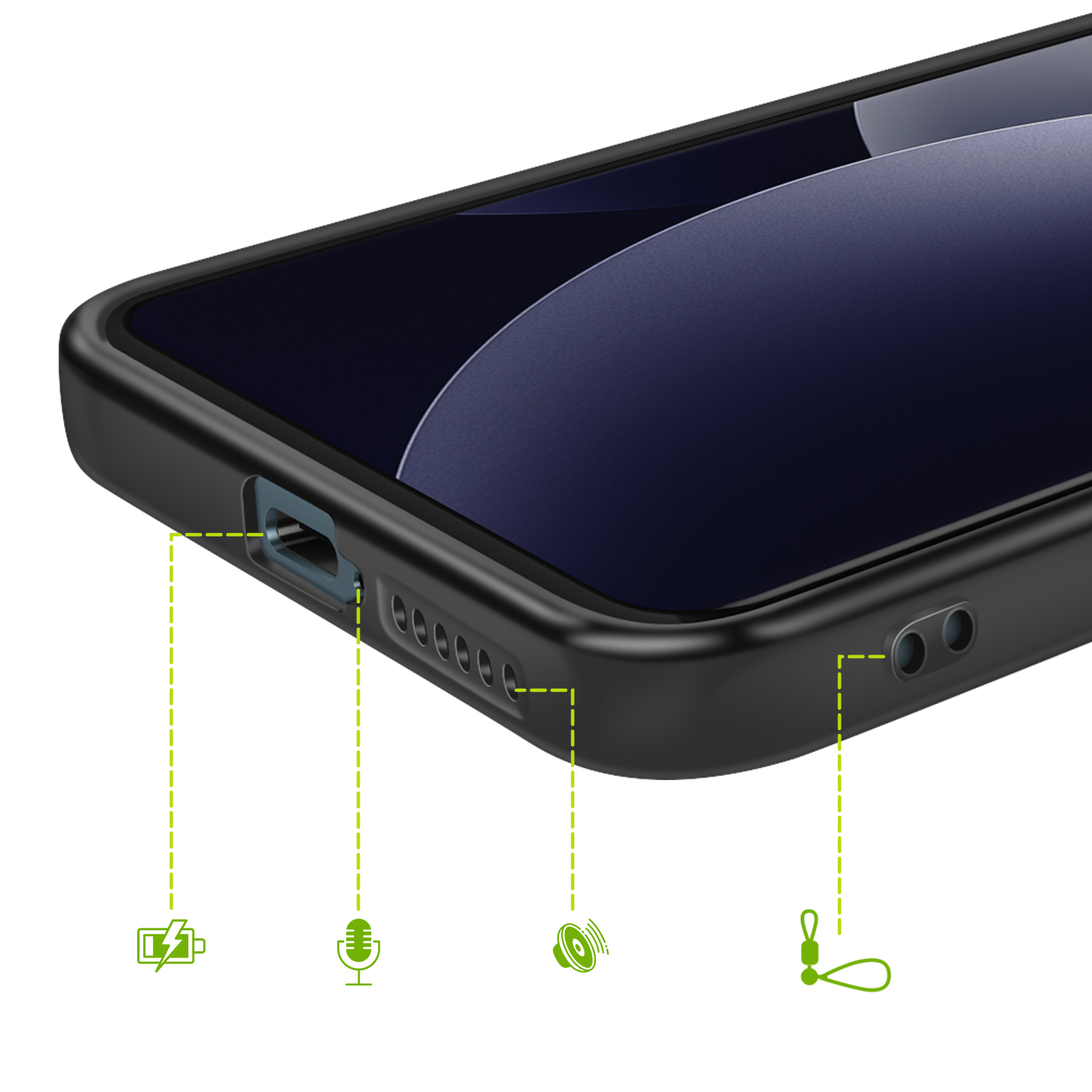 Custodia nera per telefono che mostra porte e icone per batteria, microfono, altoparlante e laccetto.