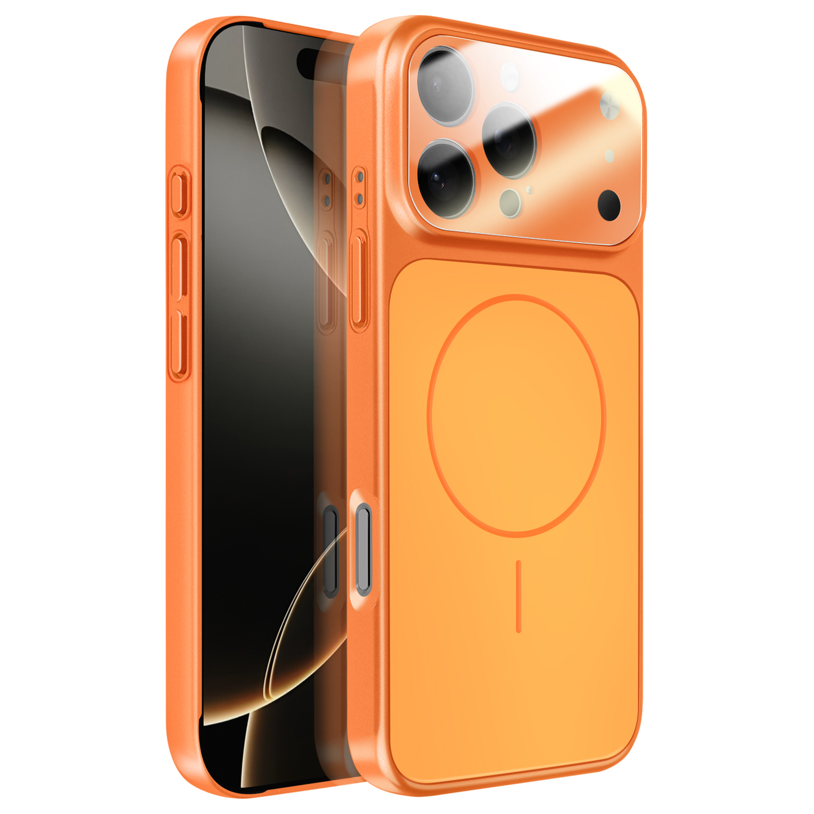 Een oranje telefoonhoes met drie camera's en een cirkel op de achterkant.