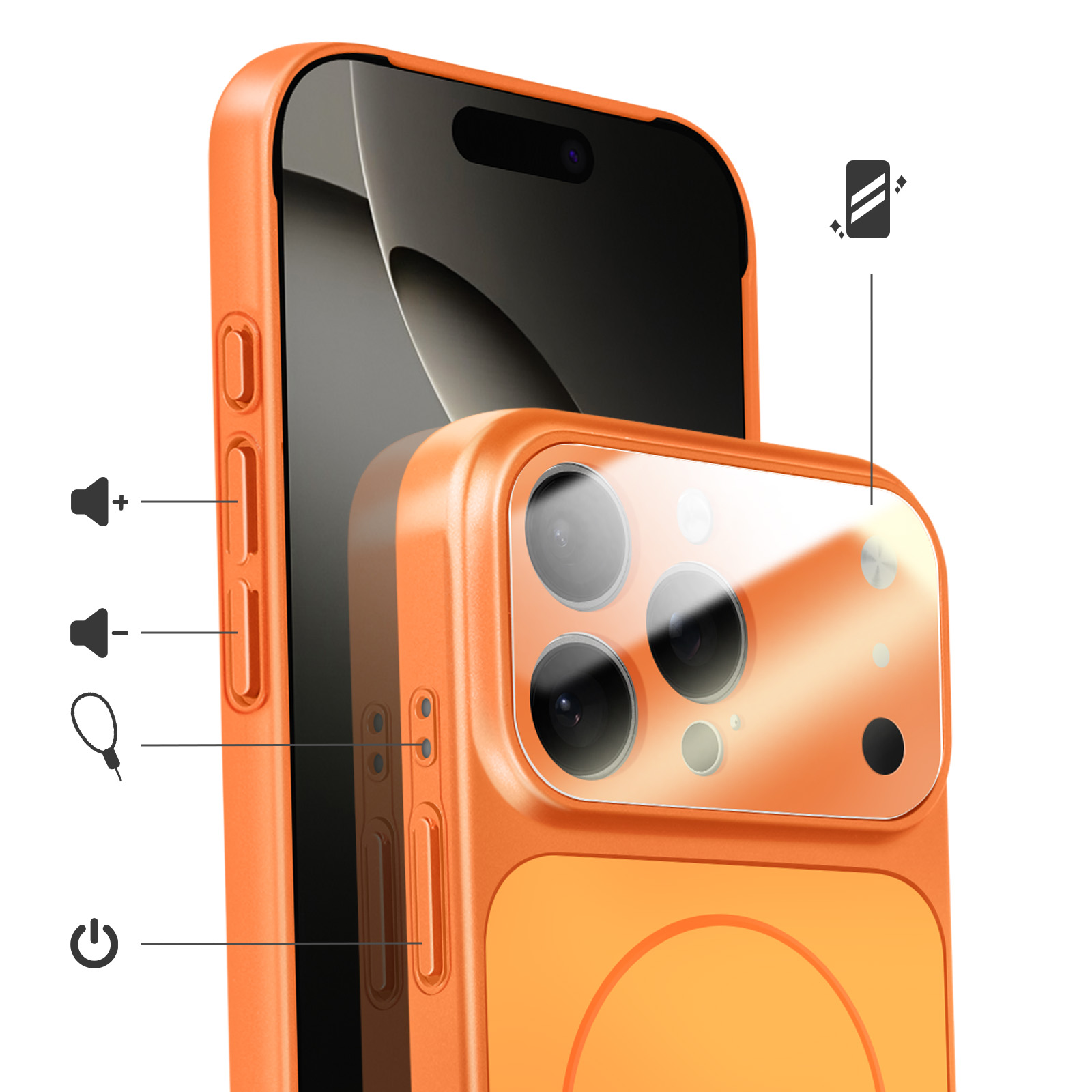 Oranje telefoonhoesje gericht op camera en zijtoetsen.