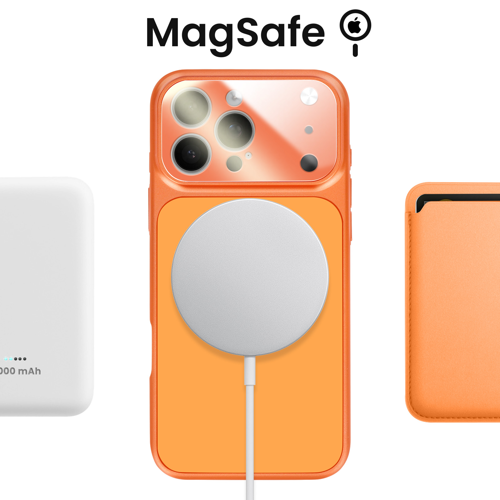 Een oranje iPhone hoesje met MagSafe lader, wit batterijpakket en portemonnee.