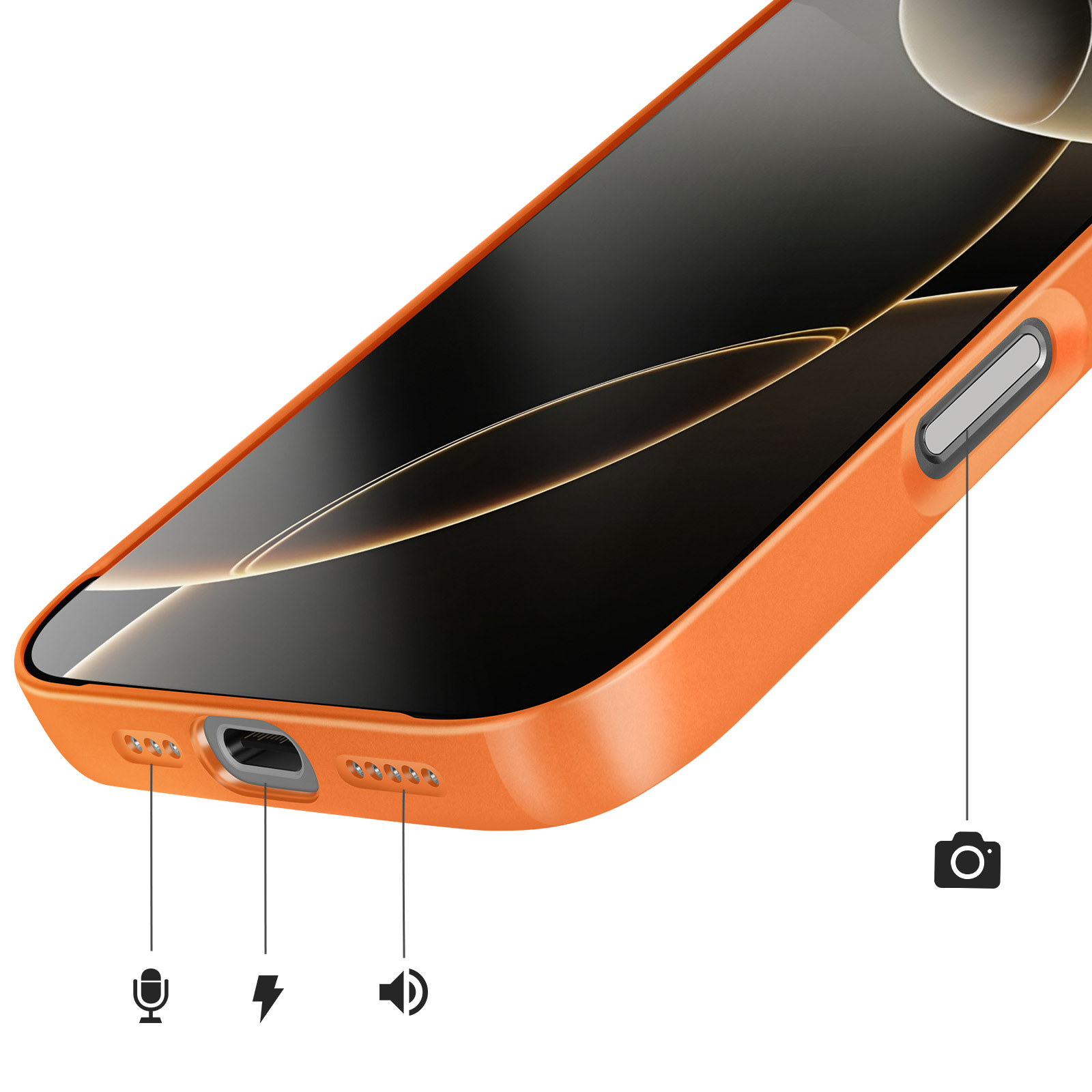 Oranje telefoonhoes met microfoon-, oplaadpoort-, luidspreker- en camera-pictogrammen.