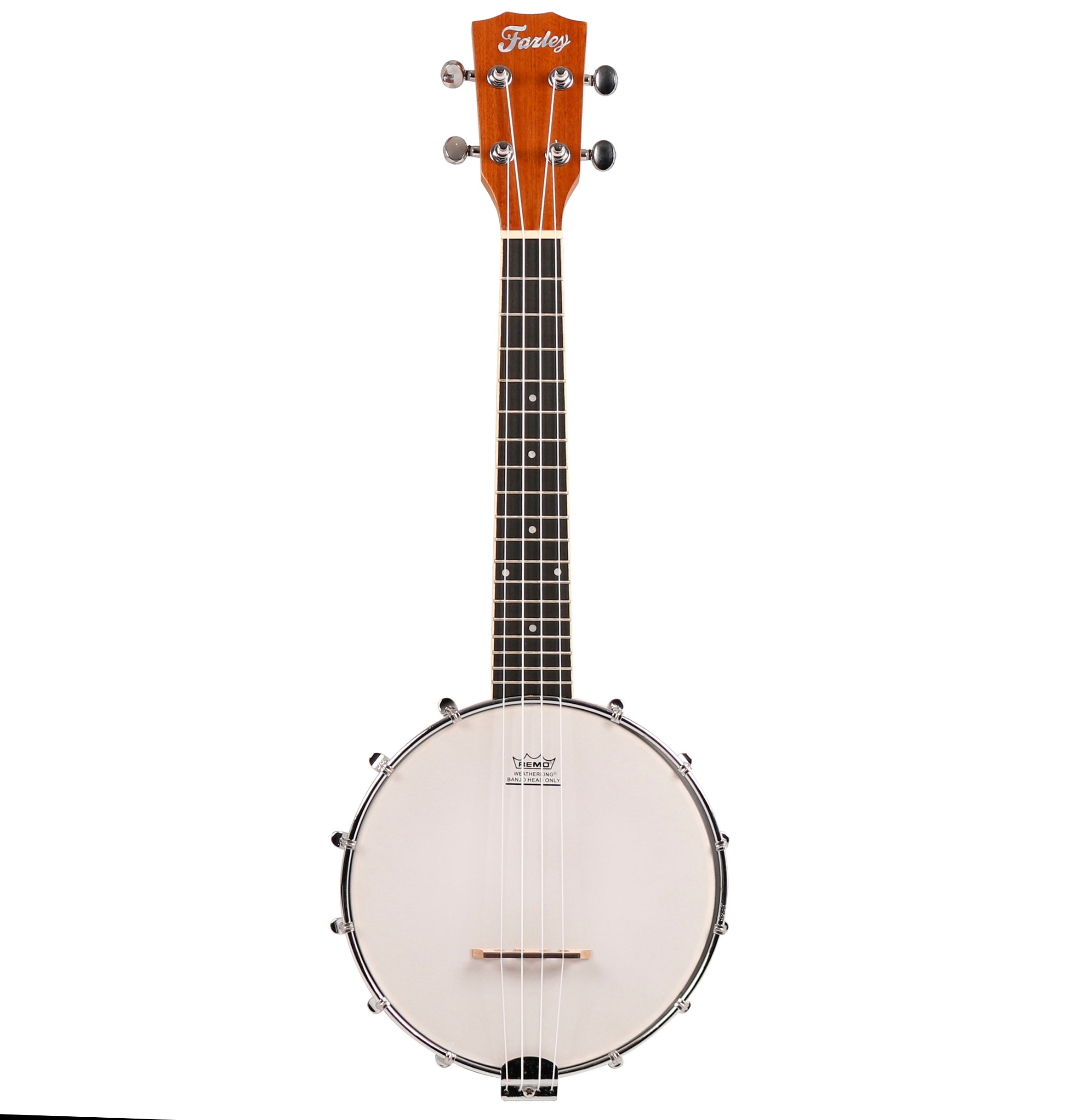 Een banjo-ukulele met houten hals, witte kop en vier snaren.