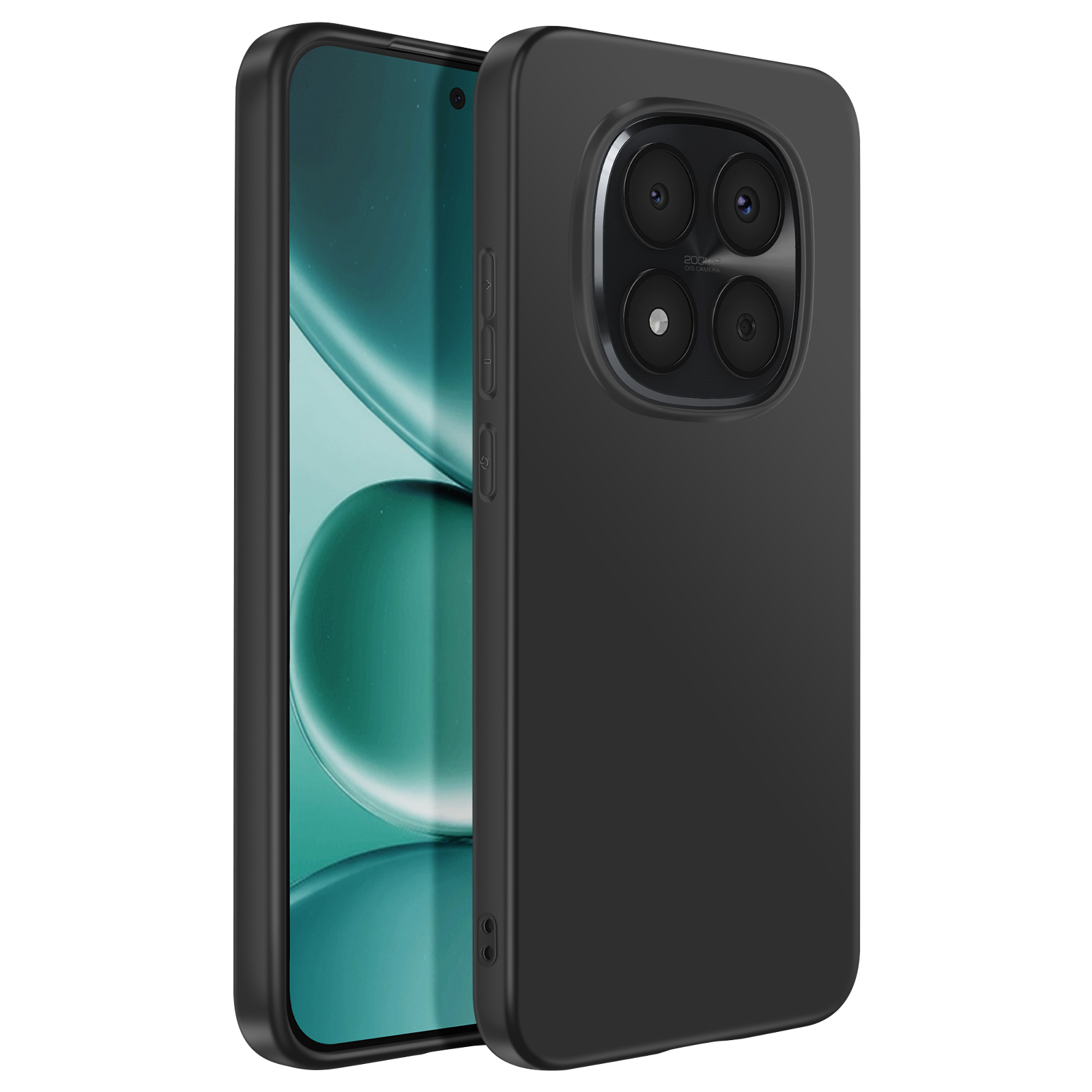 Schwarzes Smartphone mit vierfacher Kamera und grünem Hintergrund.