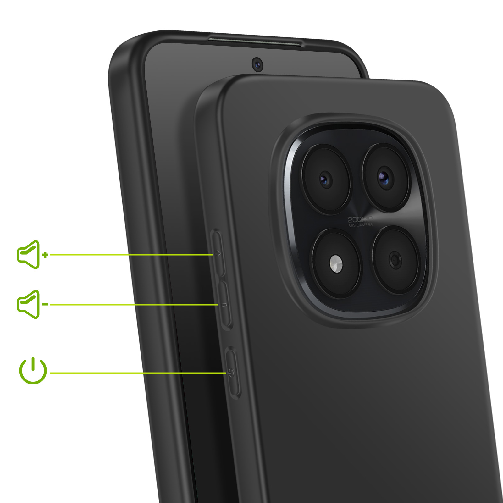 Schwarzes Smartphone mit 200MP-Kamera, Lautstärketasten und Ein-/Aus-Taste.