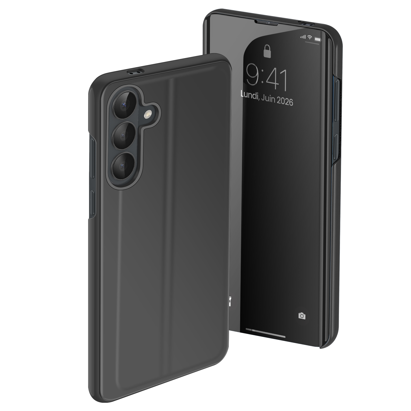 Een zwarte telefoon met drievoudige camera en beschermhoes.