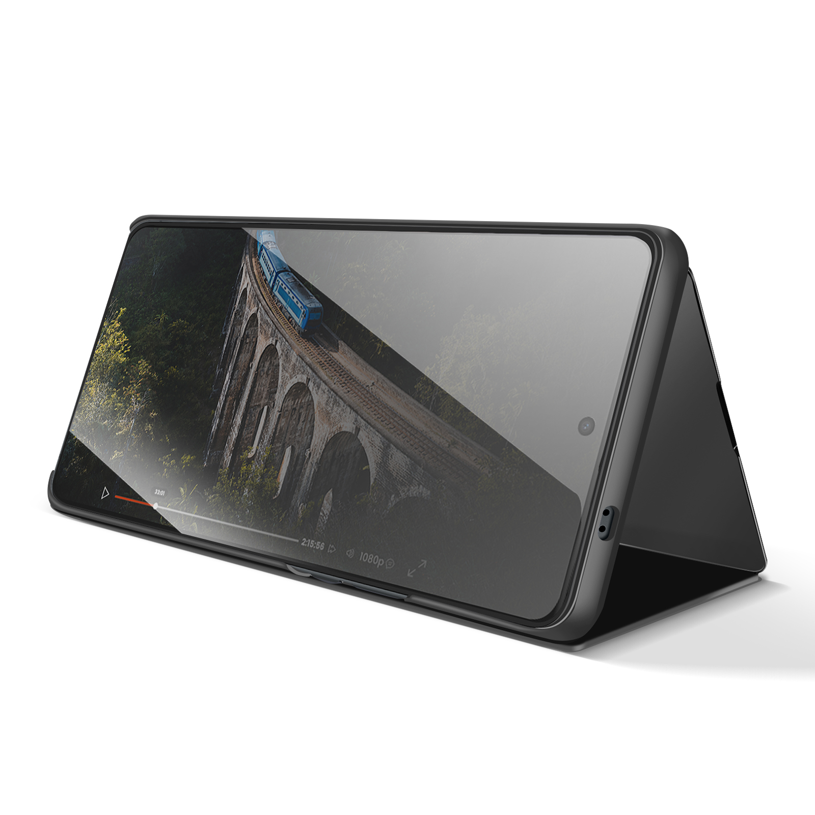Een smartphone toont een trein op een oude stenen brug in een groen landschap.
