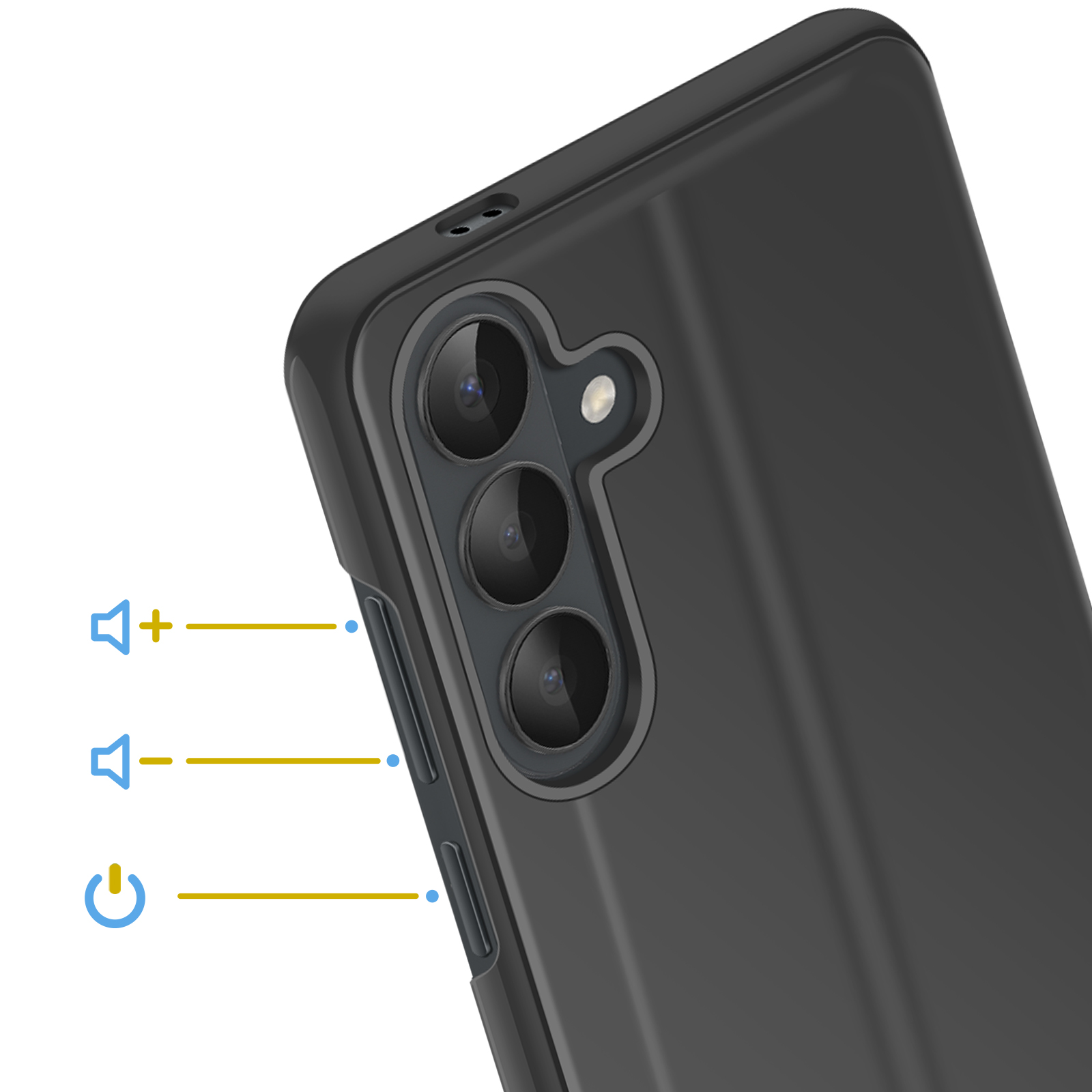 Drie cameralenzen op een zwarte telefoon met volume- en aan/uit-knoppen.