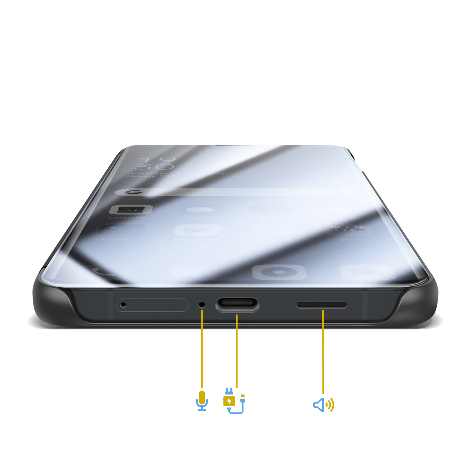 Close-up van een smartphone met labels voor microfoon, oplaadpoort en luidspreker.