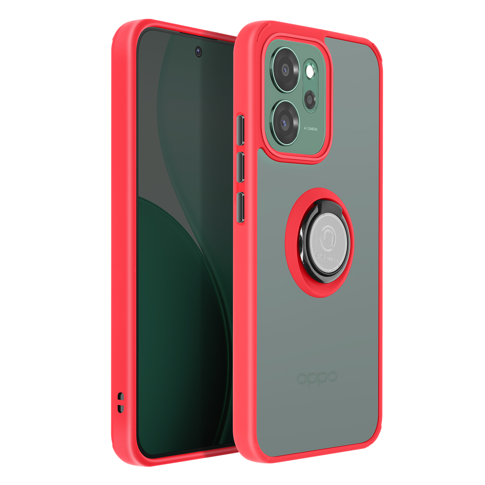 Coque de téléphone rouge avec dos transparent, appareil photo et support anneau.