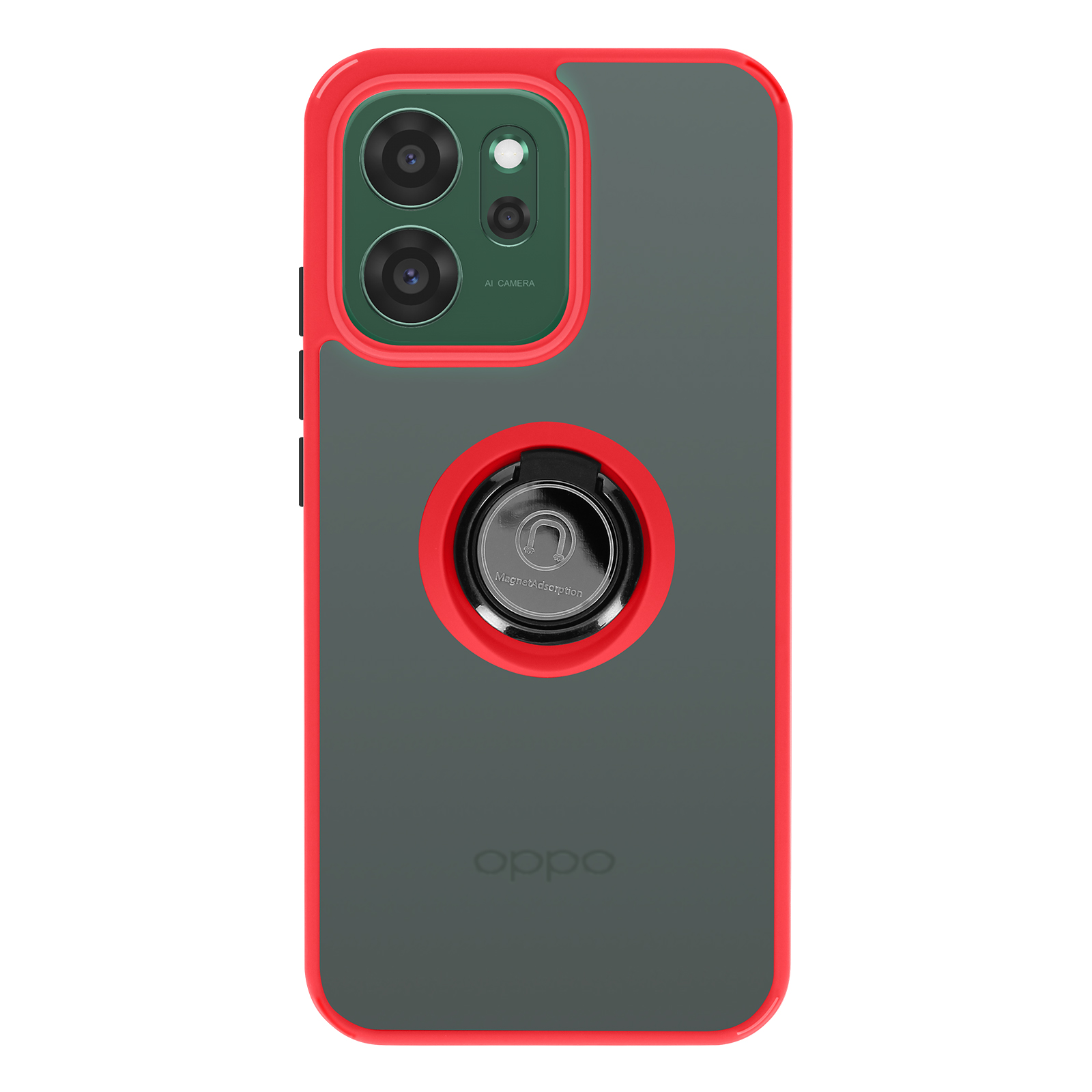 Coque de téléphone rouge avec dos gris, objectif de caméra et support anneau.