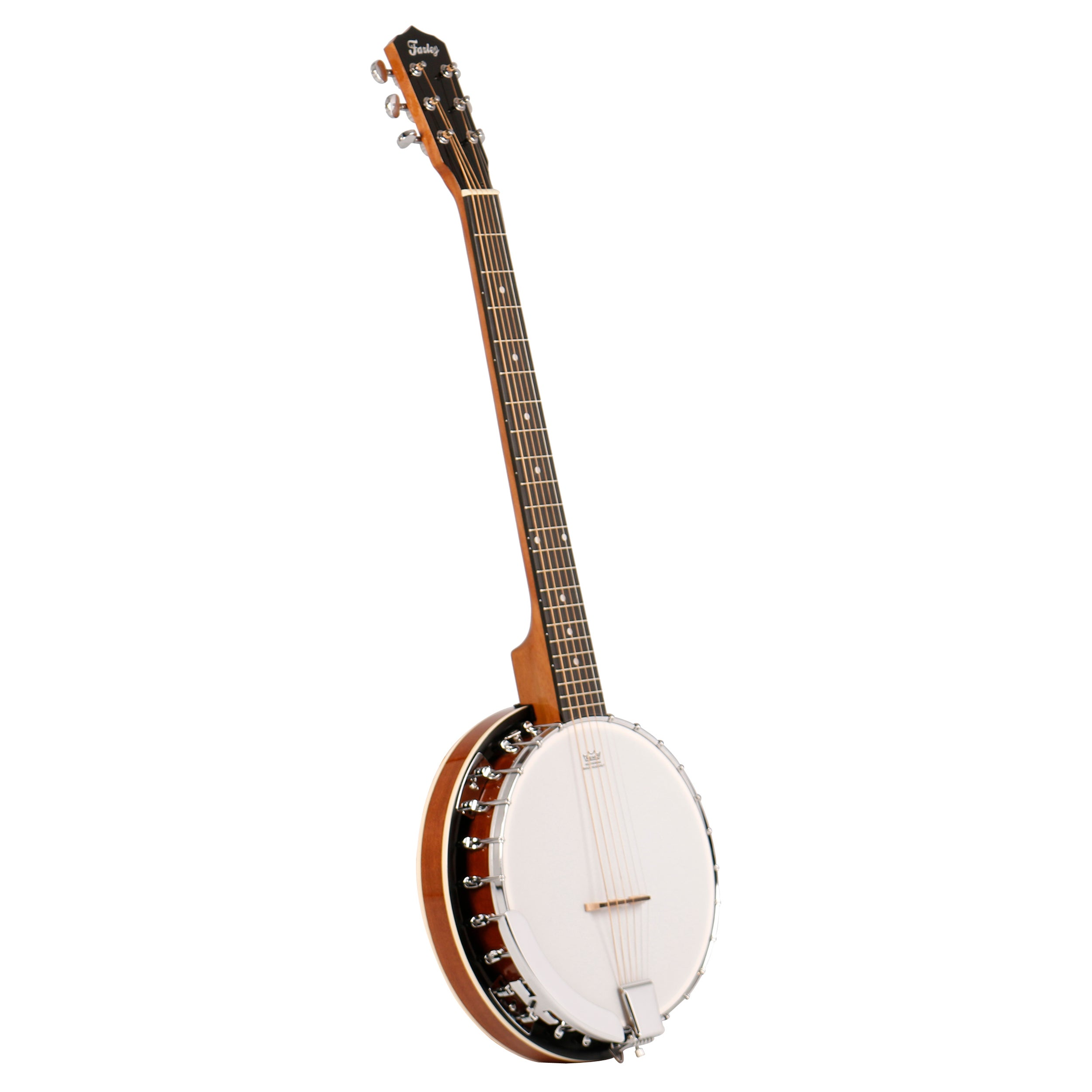 Een banjo gitaar met een lichte body, donker toetsenbord en witte kop.