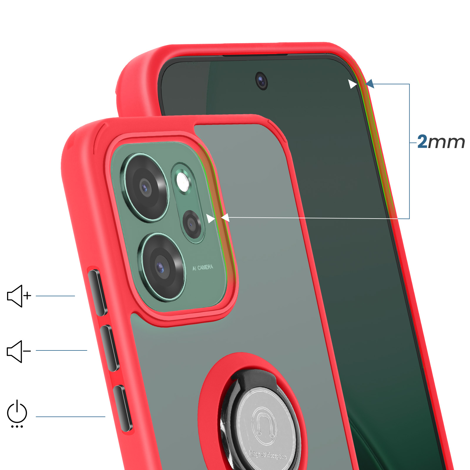 Coque de téléphone rouge avec dos transparent, appareil photo et bord de 2 mm.