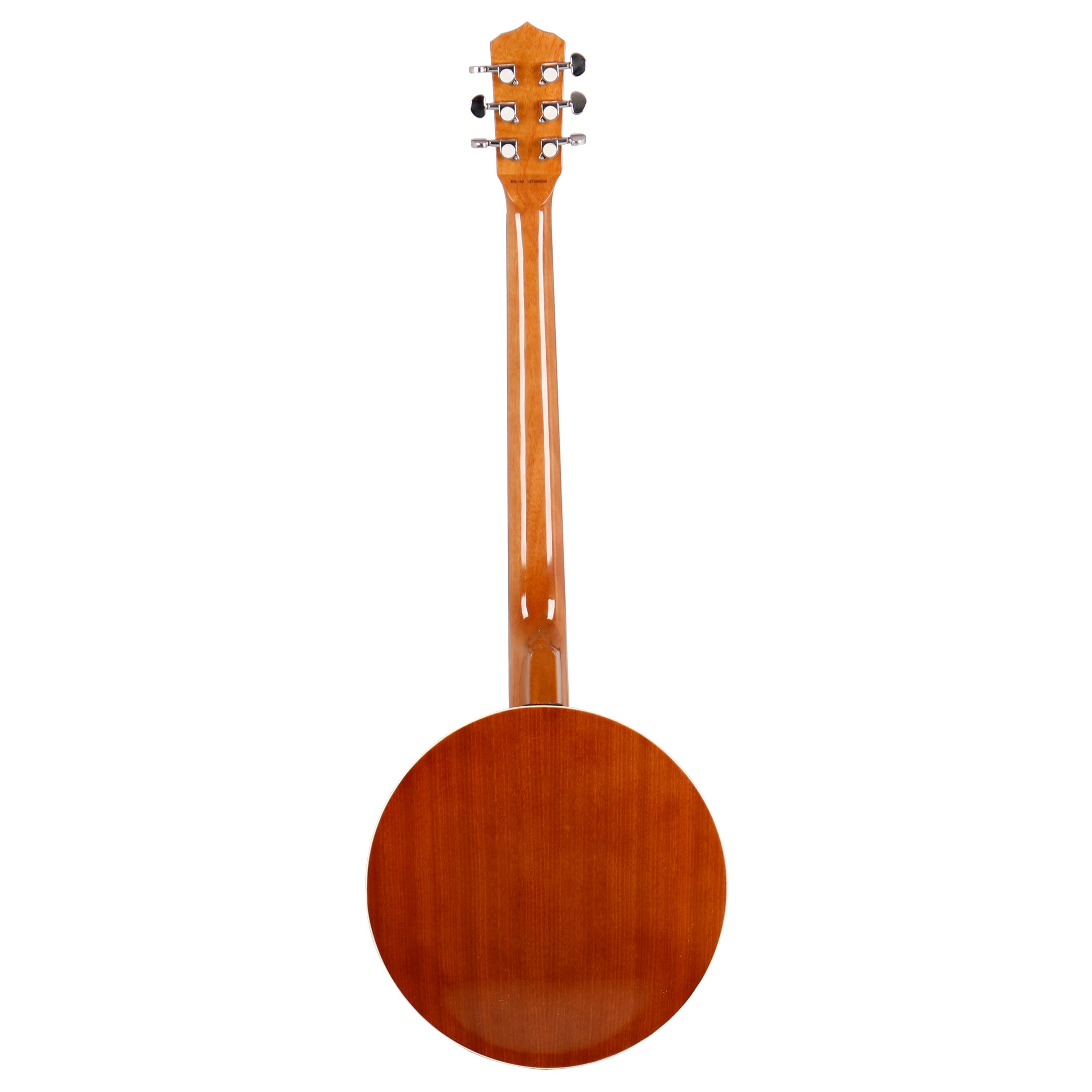 Achterkant van een bruine akoestische gitaar met glanzende afwerking en zes stemknoppen.