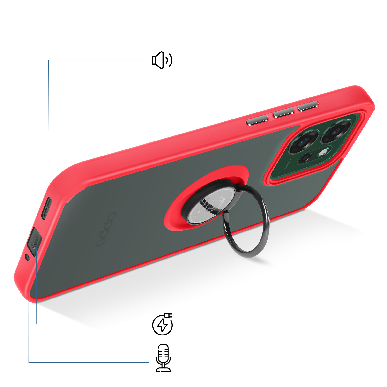 Coque rouge avec support anneau, icônes son, charge et micro.