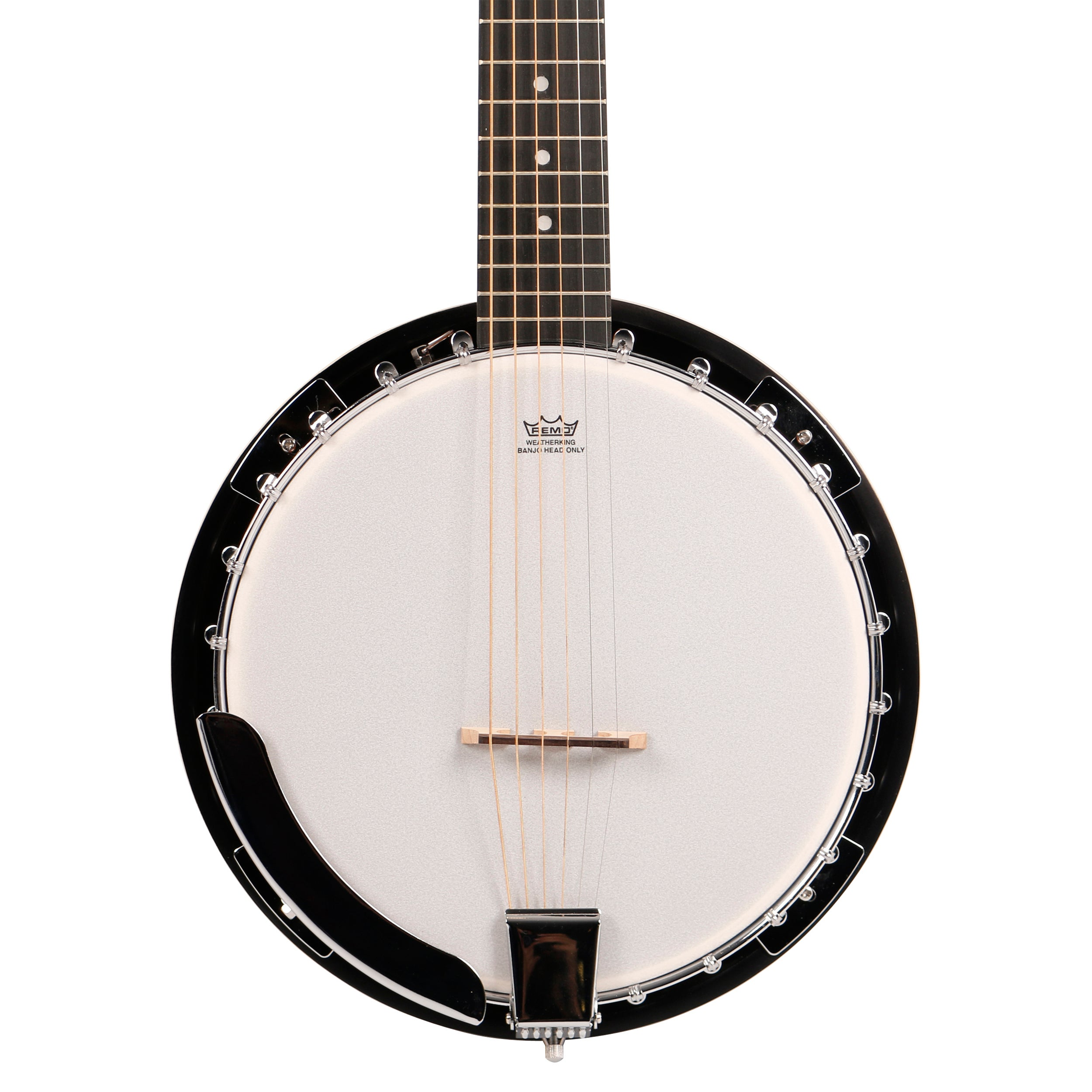 Close-up van een banjo met een zilveren vel en zes snaren.