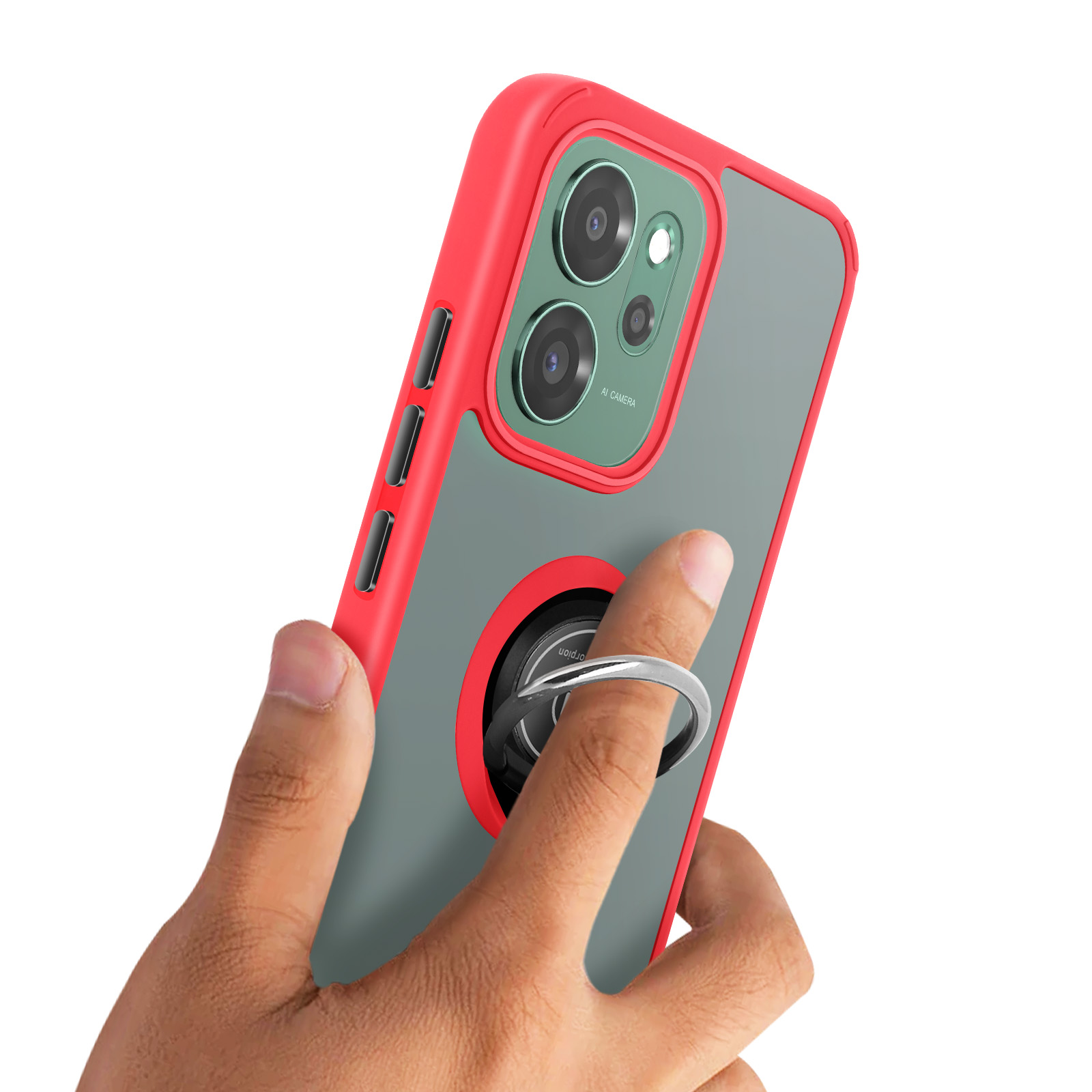 Coque rouge avec support anneau sur téléphone gris, tenue par une main.