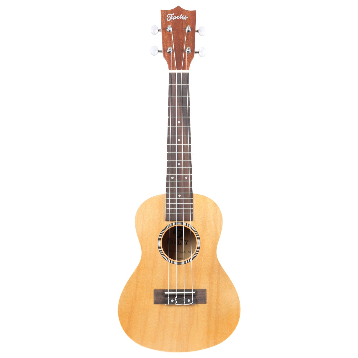 Een lichtgekleurde ukelele met een bruin toetsenbord en vier snaren.