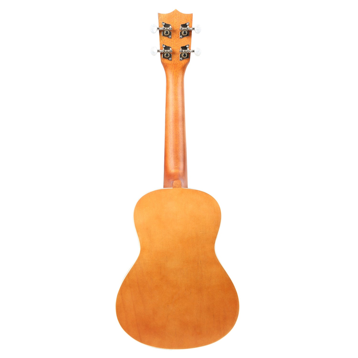 Achterkant van een lichtbruine ukulele met houten hals en vier stemknoppen.