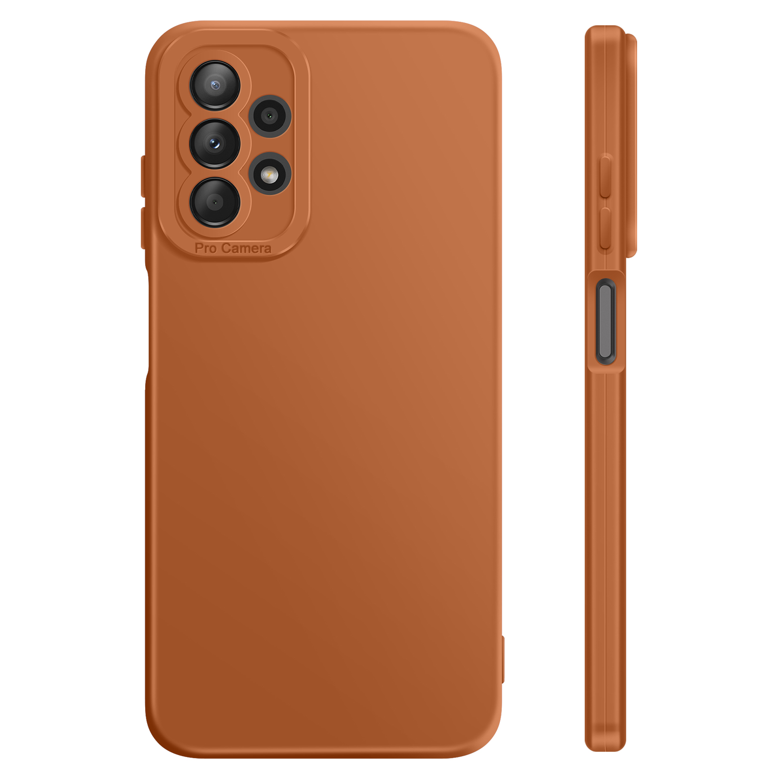 Una cover per telefono marrone con modulo fotocamera e pulsanti.