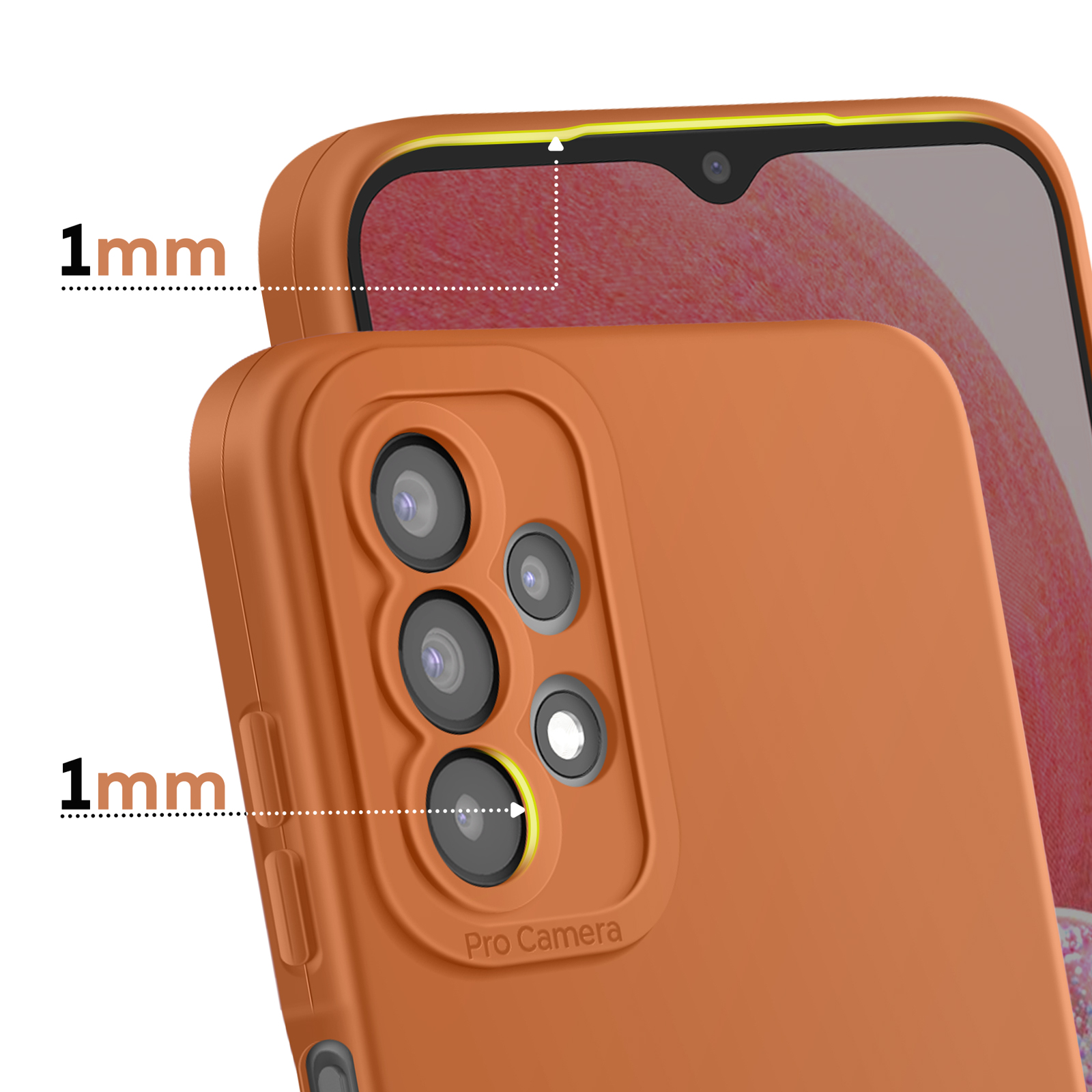 Custodia arancione per telefono con bordo da 1mm, obiettivi e testo 'Pro Camera'.
