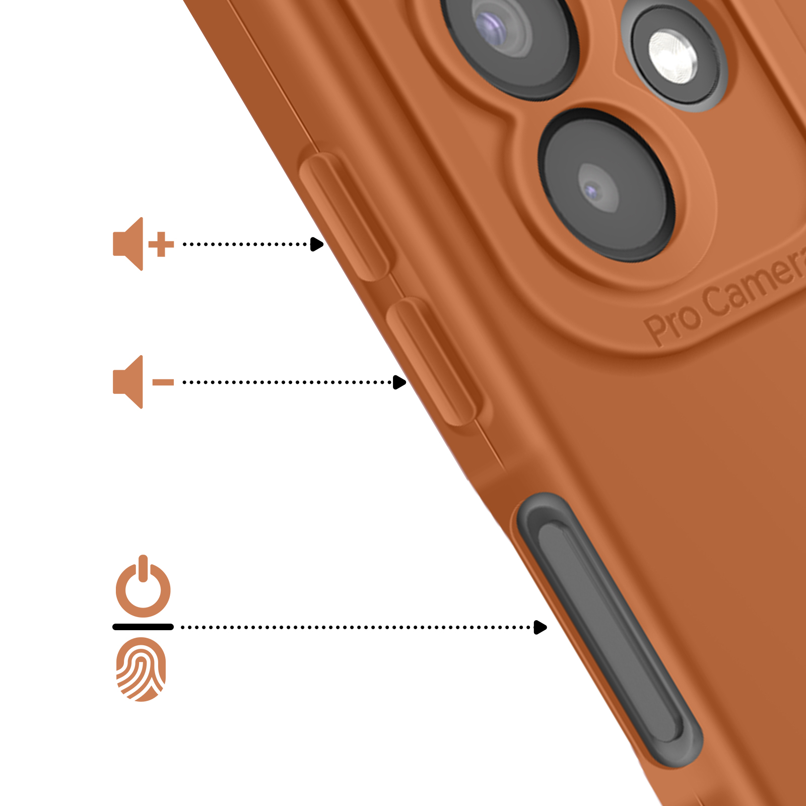 Cover arancione per telefono con modulo fotocamera, tasti volume e sensore impronte.