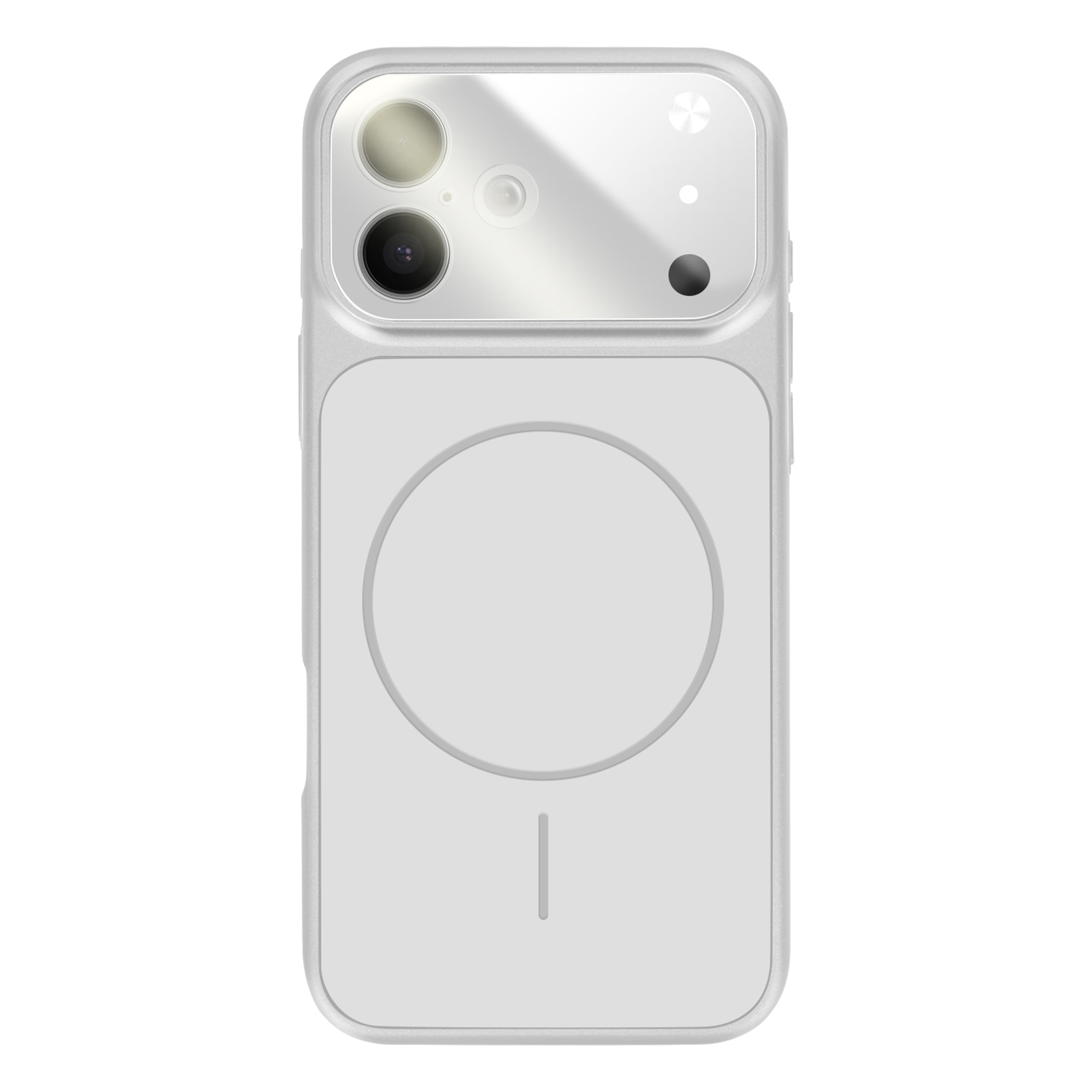 Custodia bianca per telefono con modulo fotocamera e cerchio magnetico.