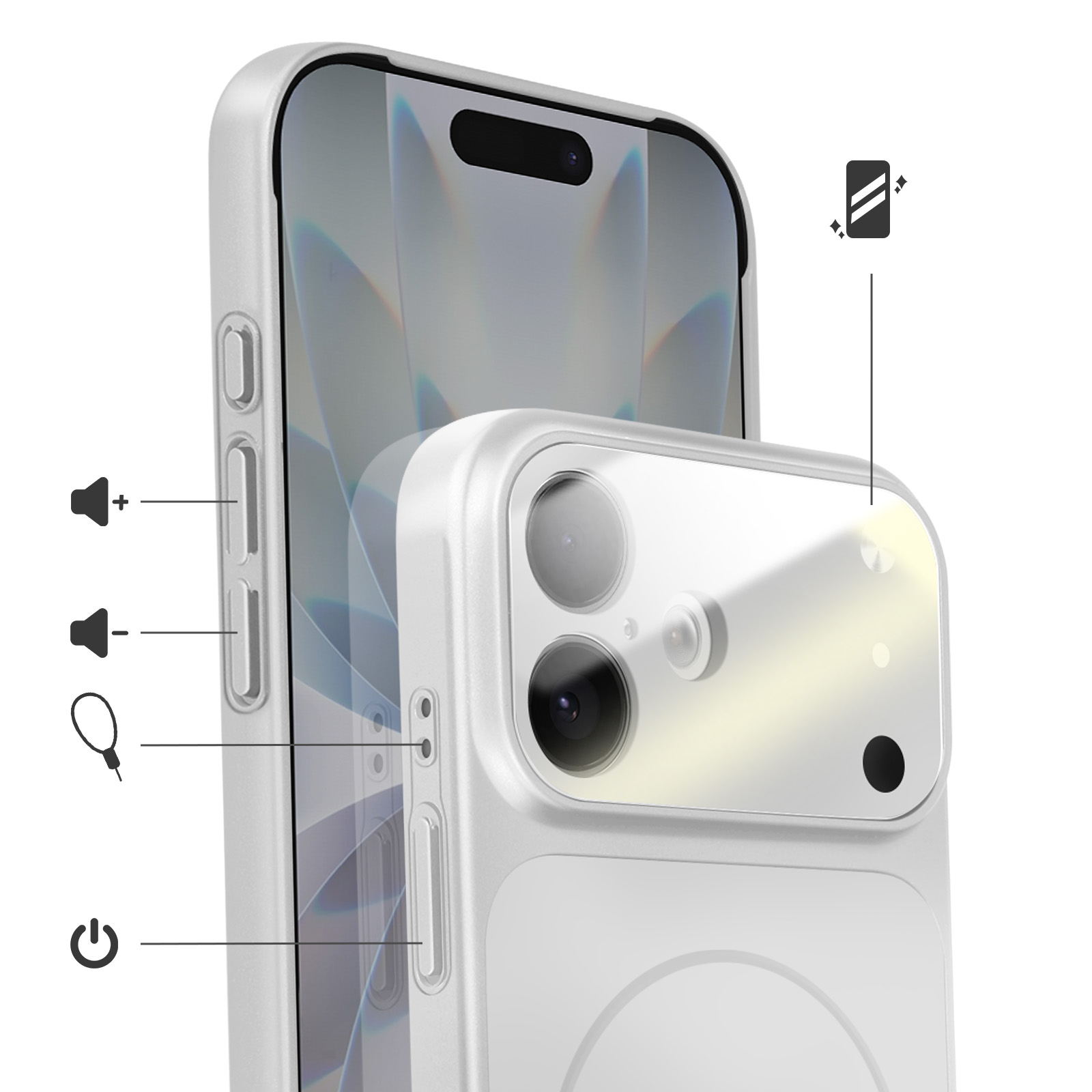 Primo piano di una custodia bianca per iPhone che evidenzia pulsanti e modulo fotocamera.