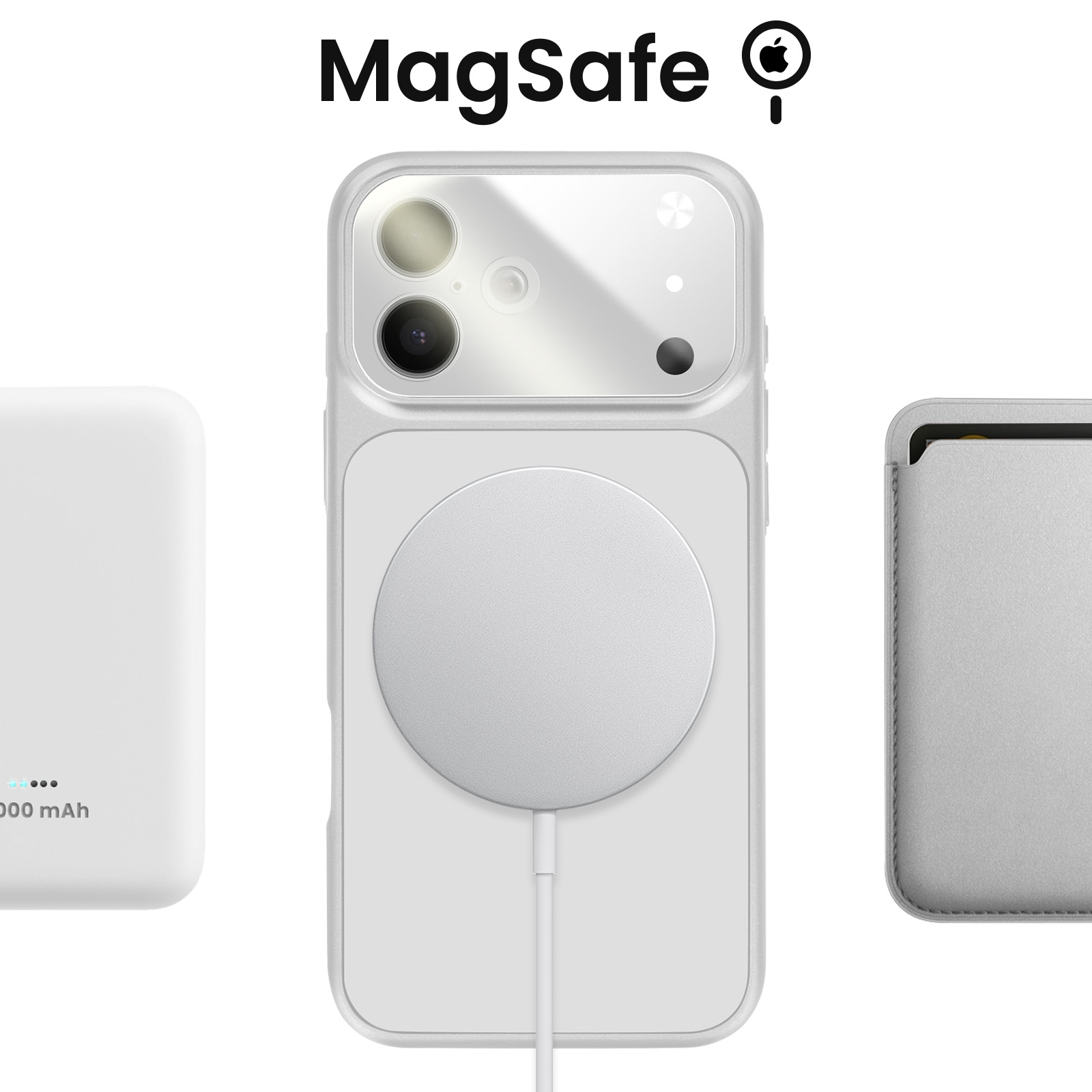 Caricatori MagSafe bianchi e custodia iPhone con fotocamere su sfondo bianco.