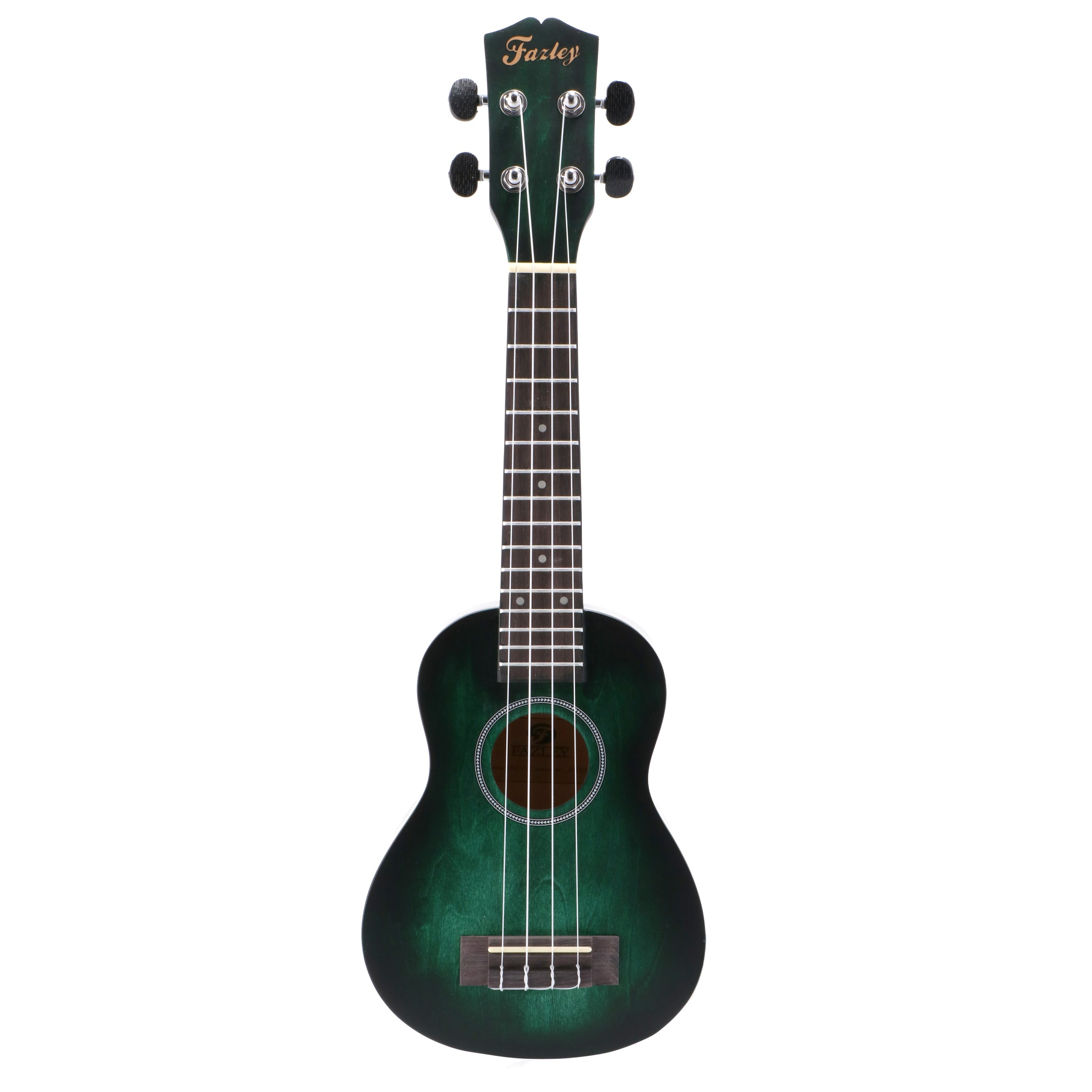 Een groene ukulele met zilveren stemknoppen en de naam Fazley op de kop.