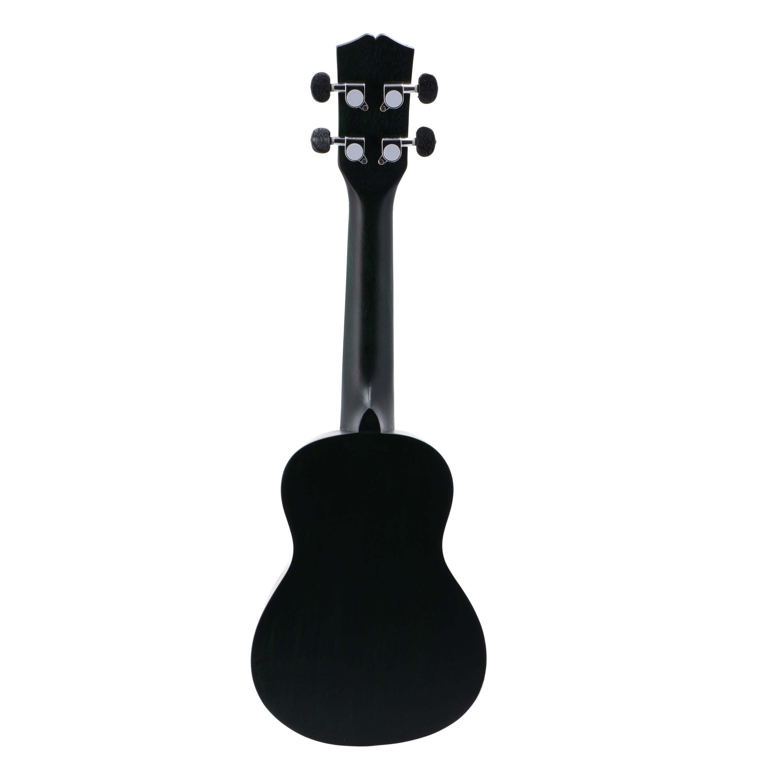 Een zwart ukelele model op een witte achtergrond.