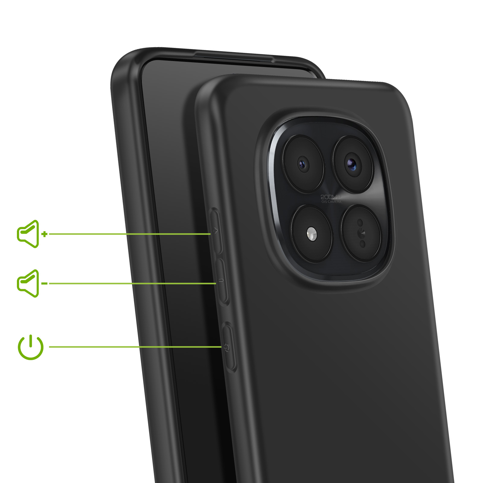 Smartphone noir avec appareil photo quadruple et boutons de volume.