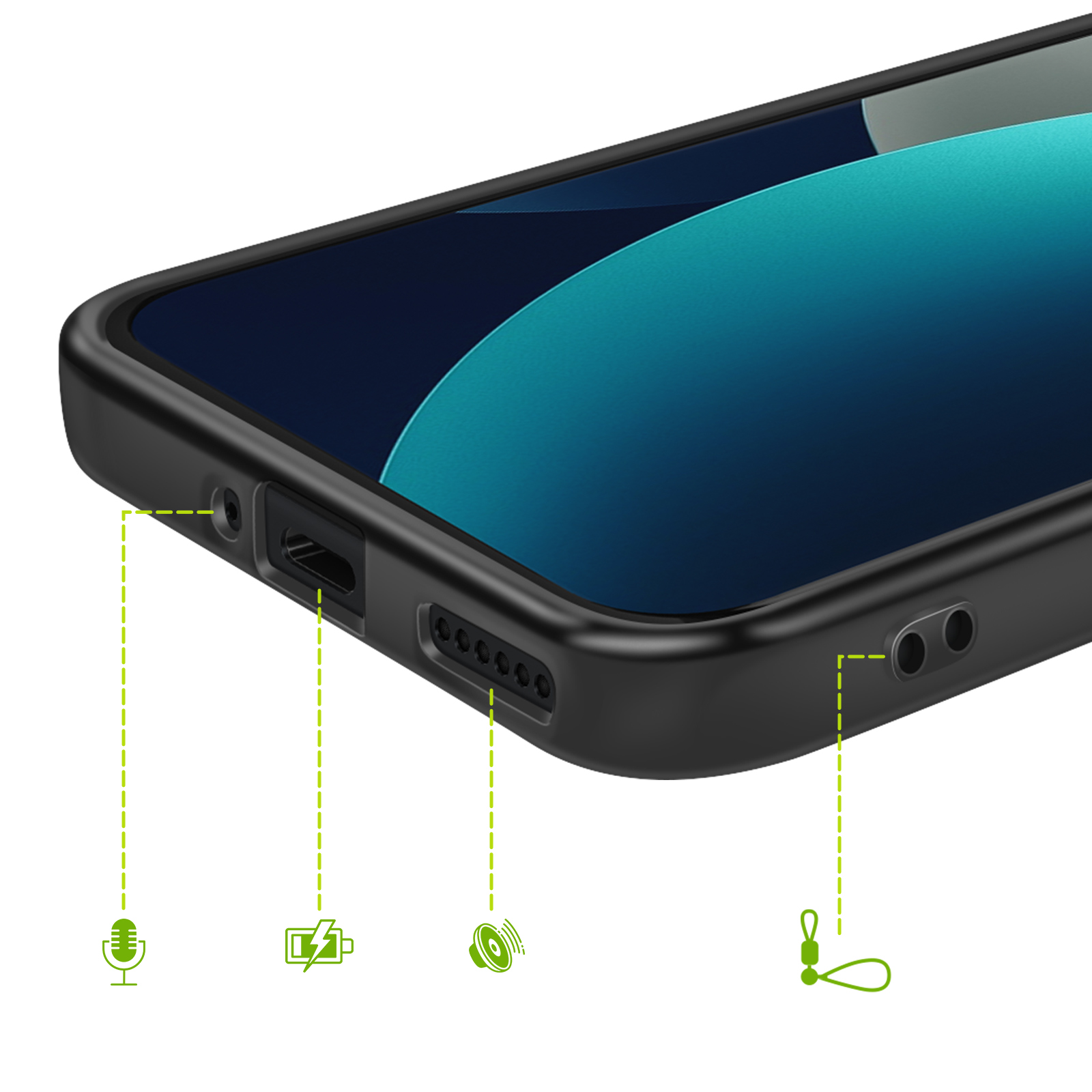 Coque de téléphone noire montrant les ports pour micro, charge, haut-parleur, écouteurs.