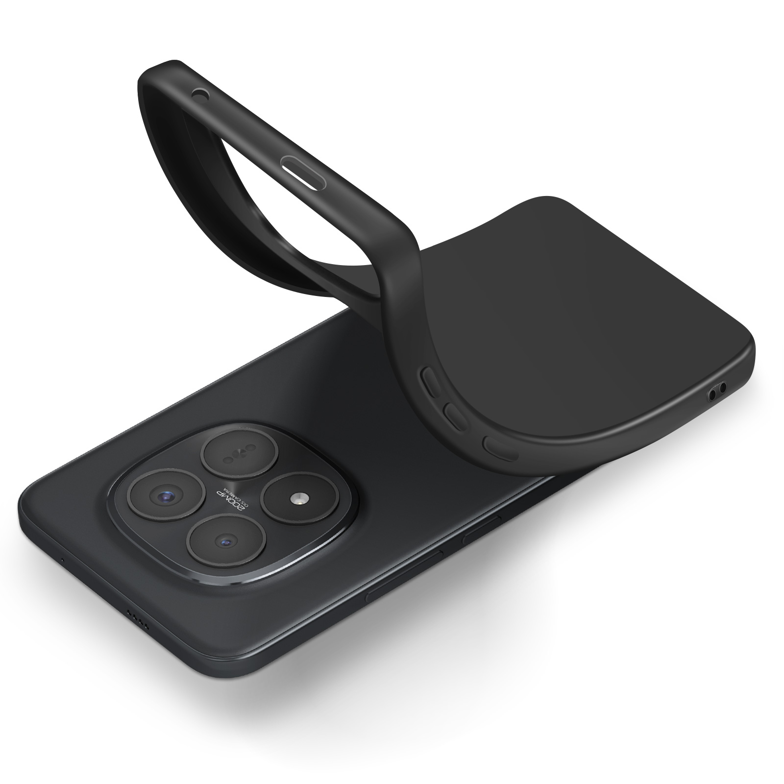 Téléphone noir avec coque se pliant vers le haut. Module caméra à quatre objectifs.