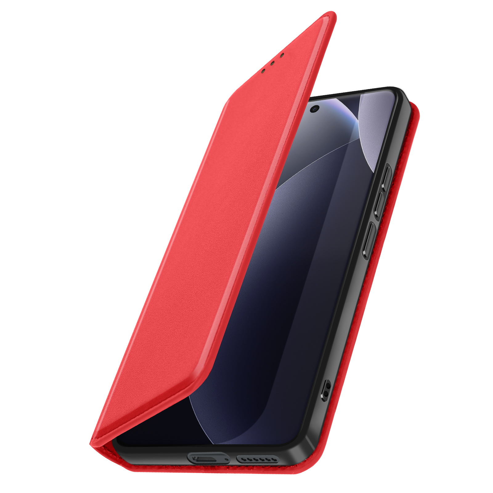 Una custodia a flip rossa per smartphone si apre, rivelando lo schermo.