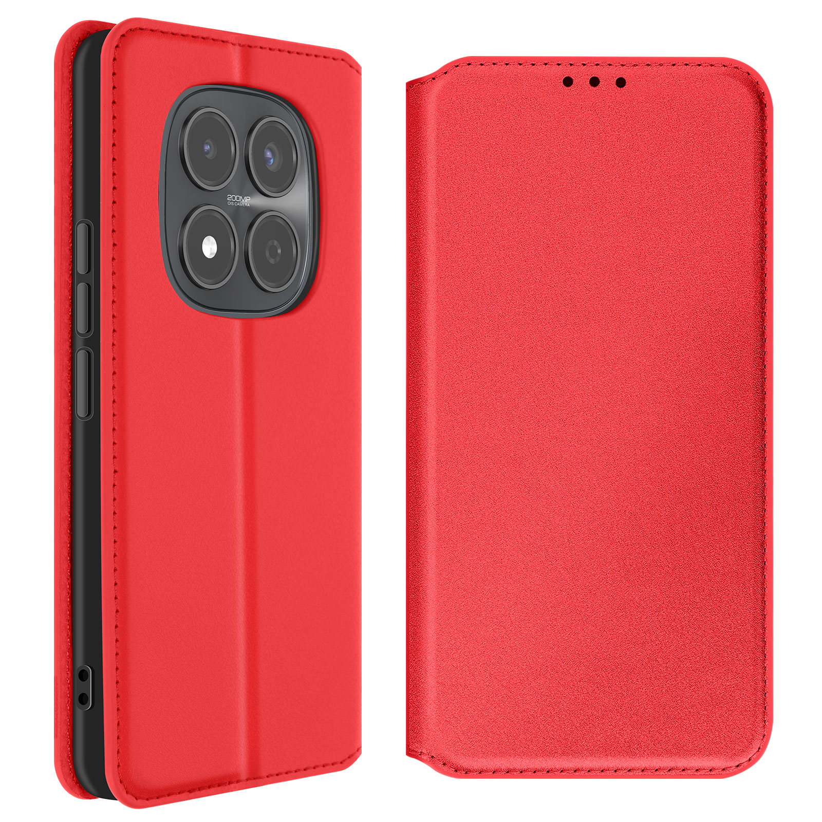 Custodia rossa per telefono con fotocamera quadrupla sul retro e copertina chiusa. Due viste.