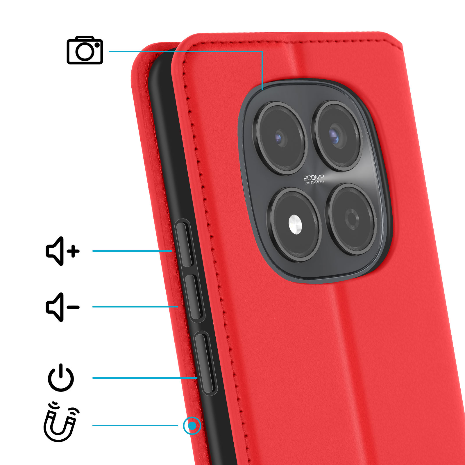 Custodia rossa per telefono con modulo fotocamera e pulsanti.