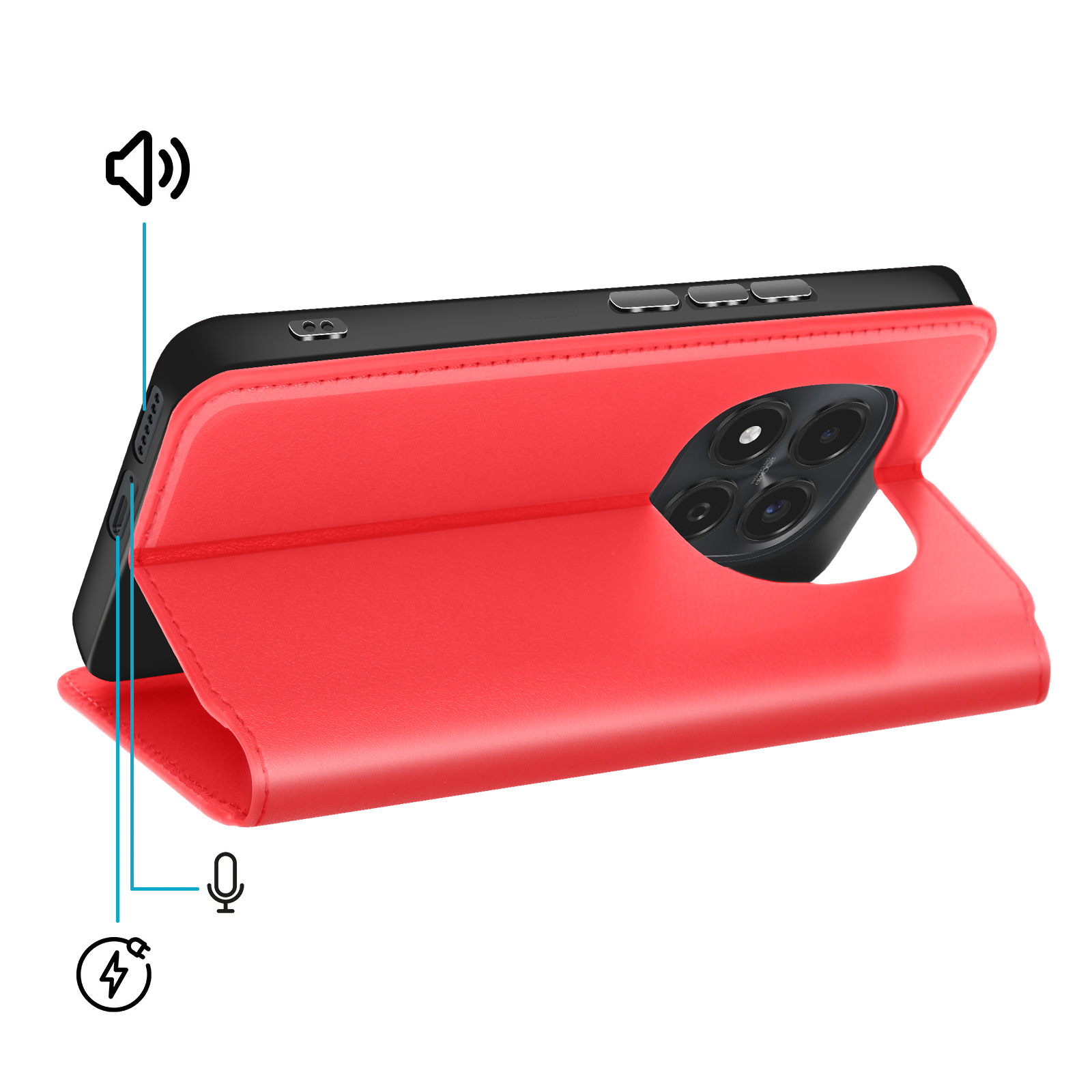 Custodia rossa per telefono con ritaglio fotocamera e icone altoparlante, microfono, ricarica.