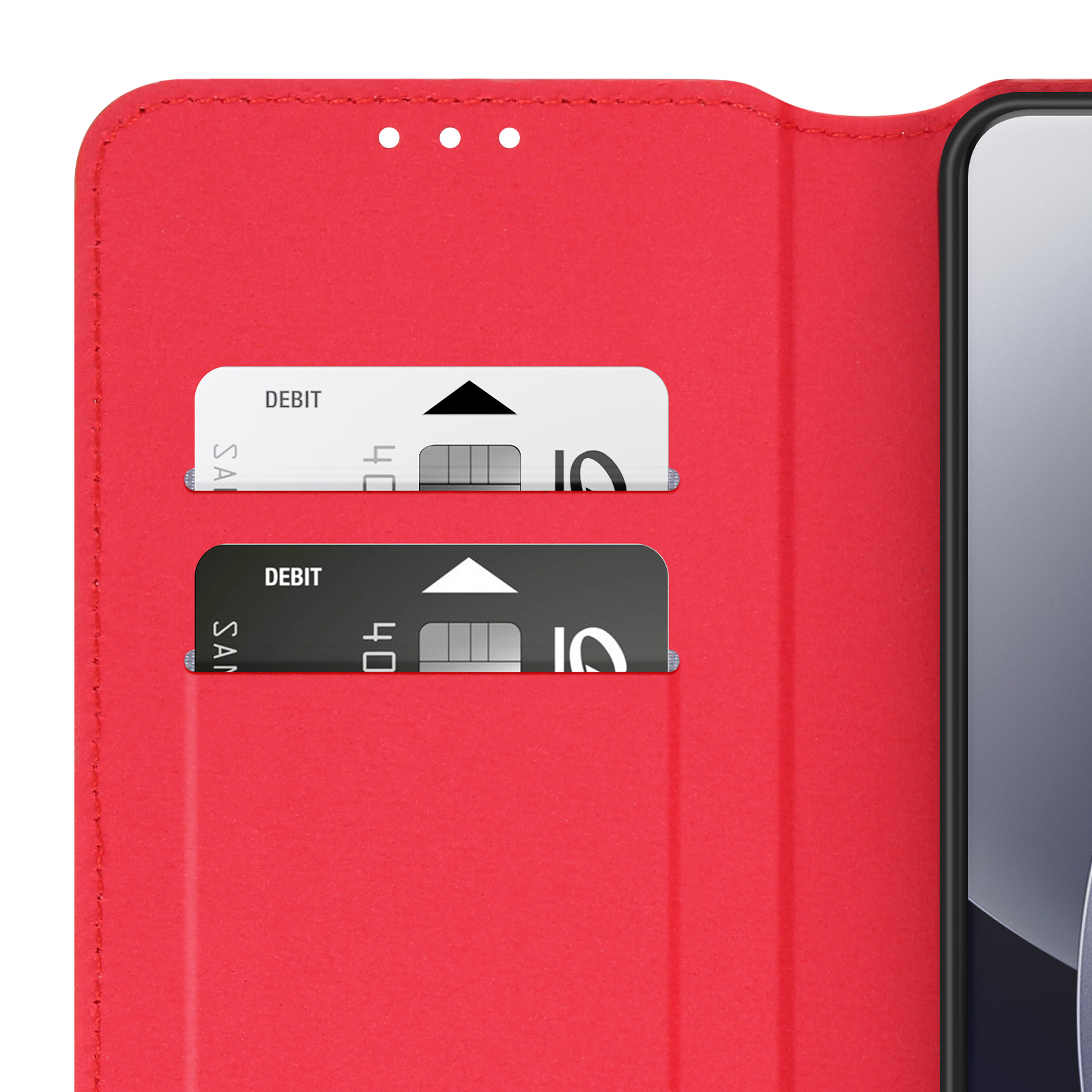 Custodia rossa per telefono flip con due fessure per carte, una bianca e una nera.