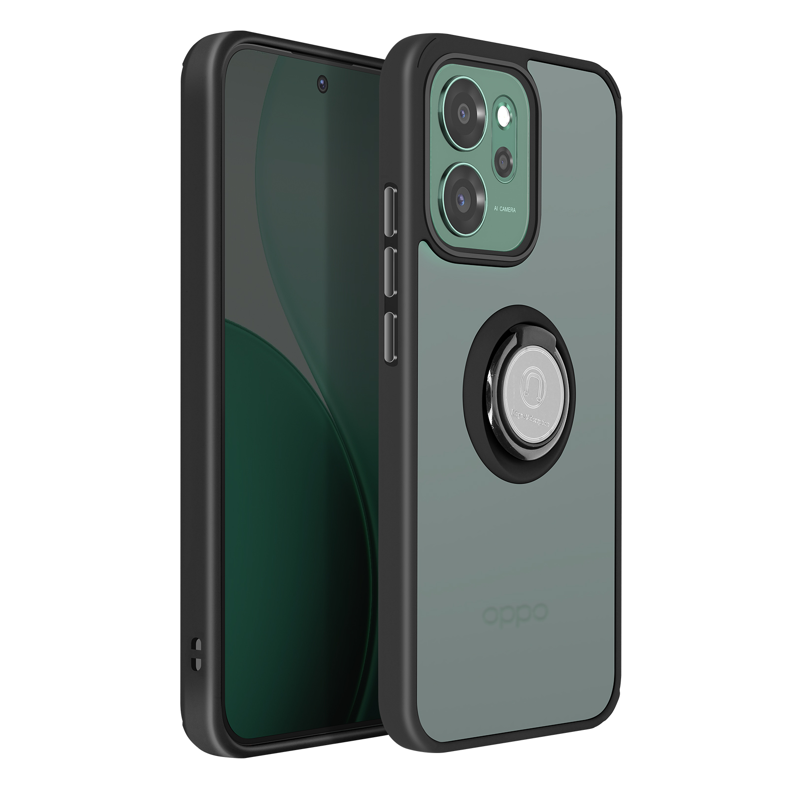 Een donkergrijze telefoonhoes met camera's en ringhouder.
