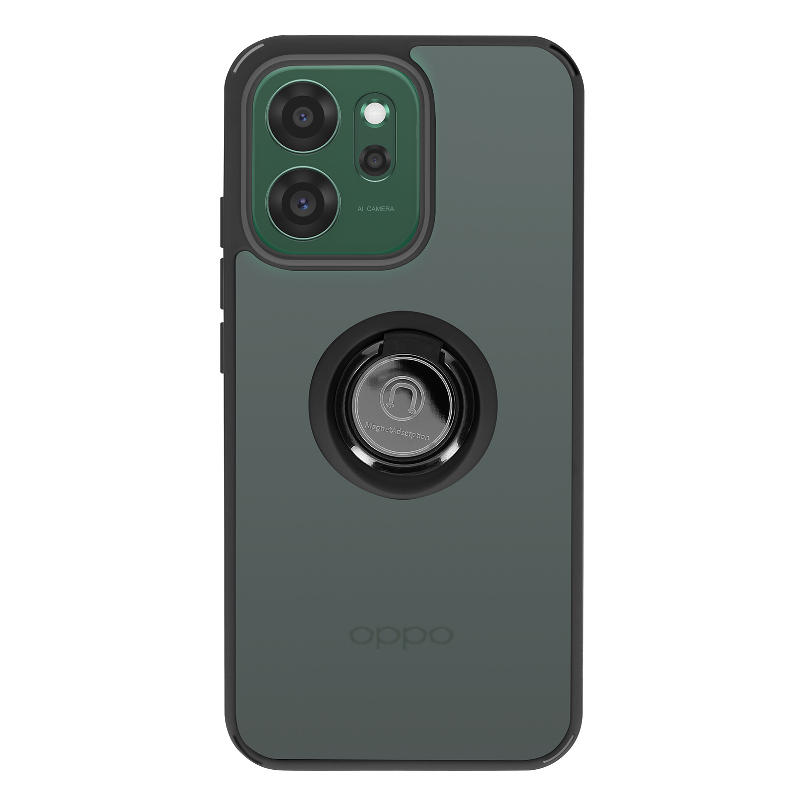 Donkergroene telefoonhoes met ringhouder en OPPO-logo.