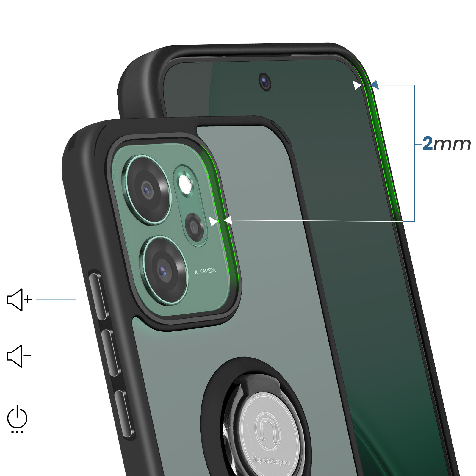 Telefoonhoes met camera's, ringhouder en zijknopen. 2mm verhoogde rand.
