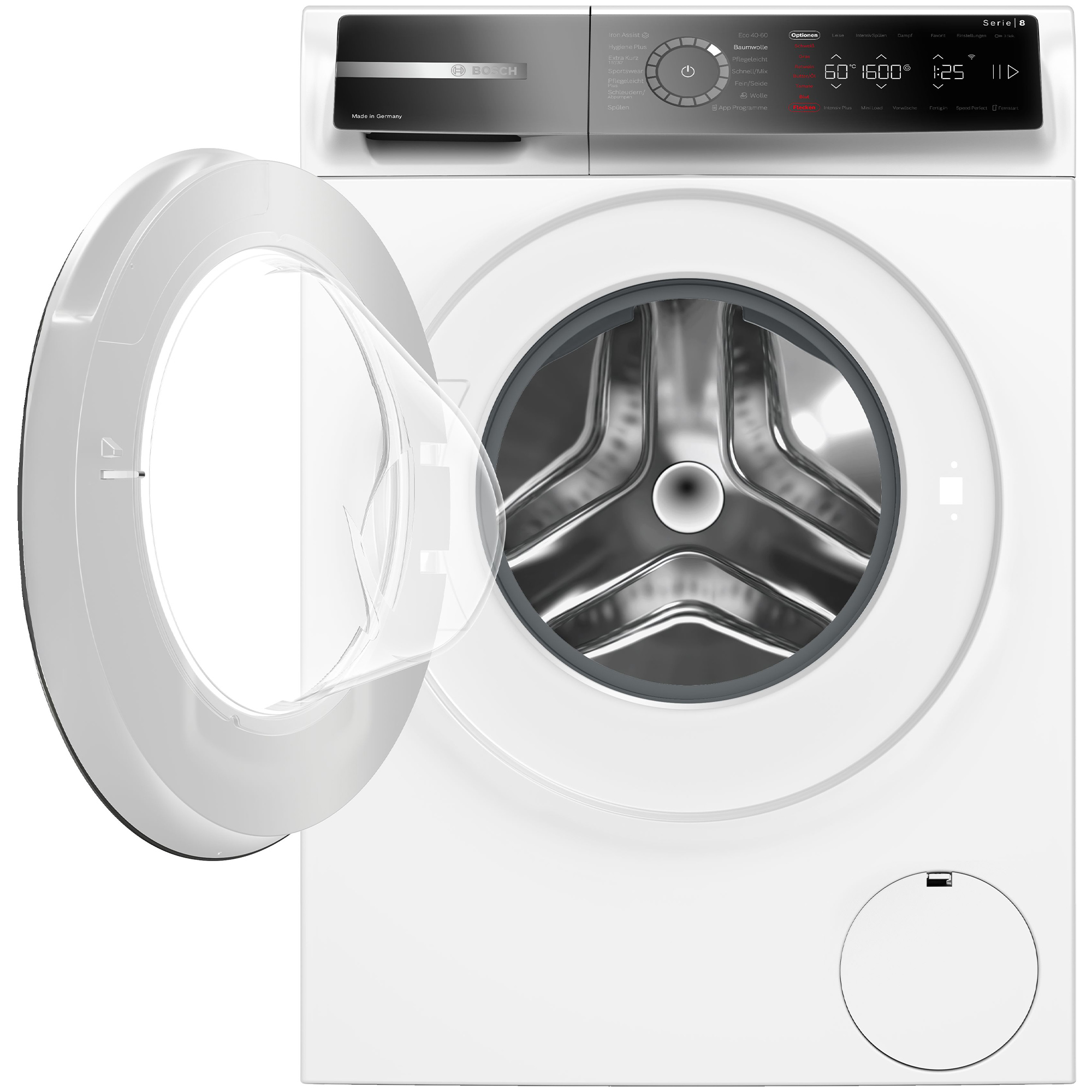 Eine weiße Bosch Waschmaschine mit geöffneter Tür und Bedienfeld.