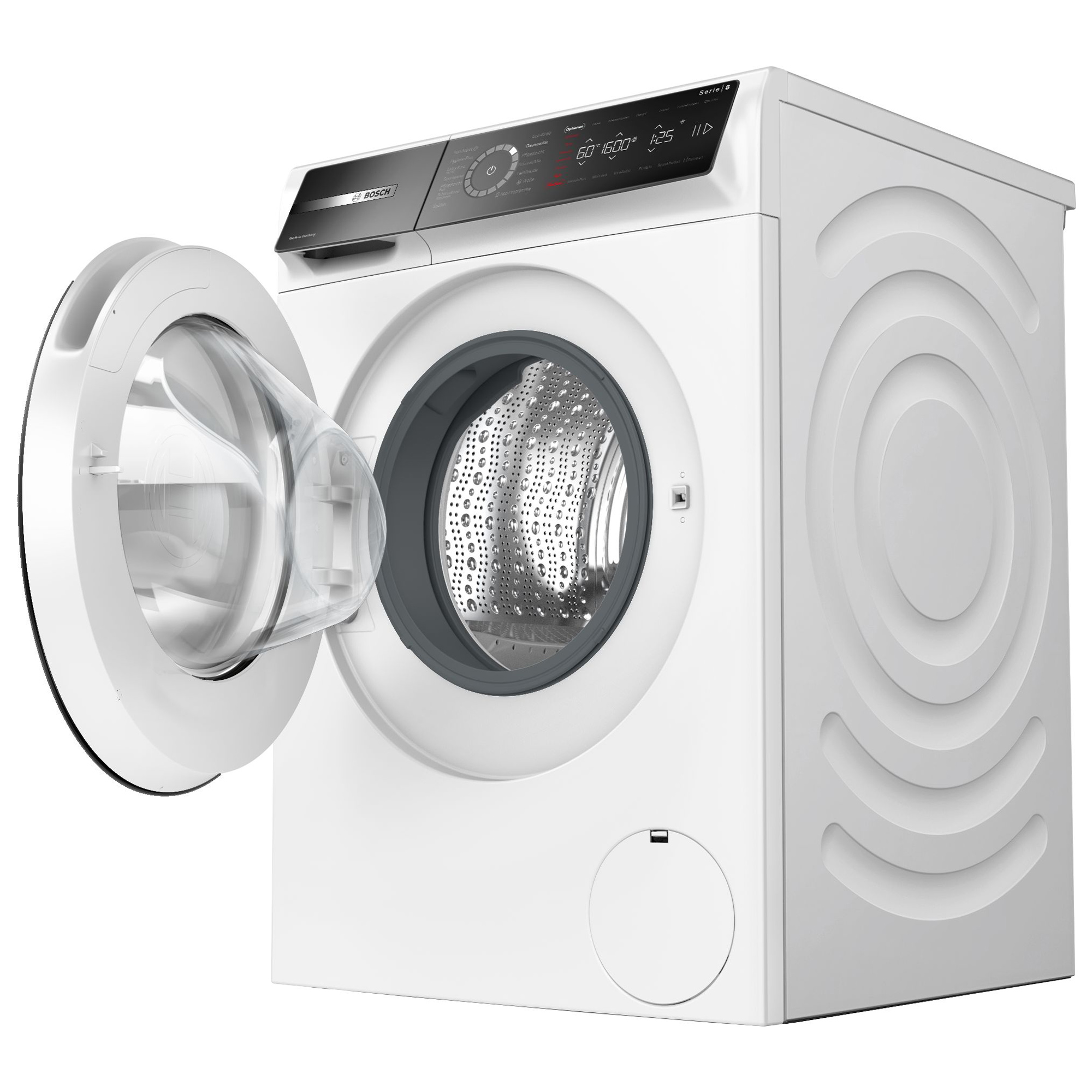 Weiße Bosch Waschmaschine mit geöffneter Tür und digitalem Display.