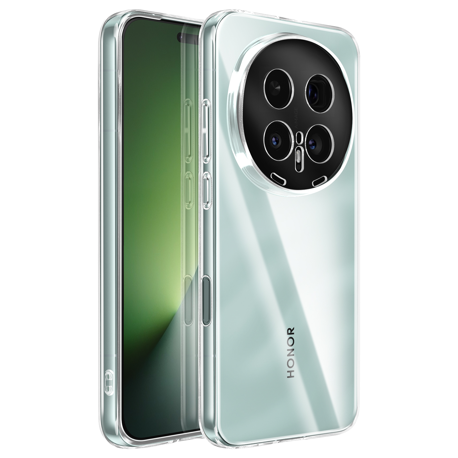 Una custodia trasparente per telefono con quattro fotocamere e logo HONOR.