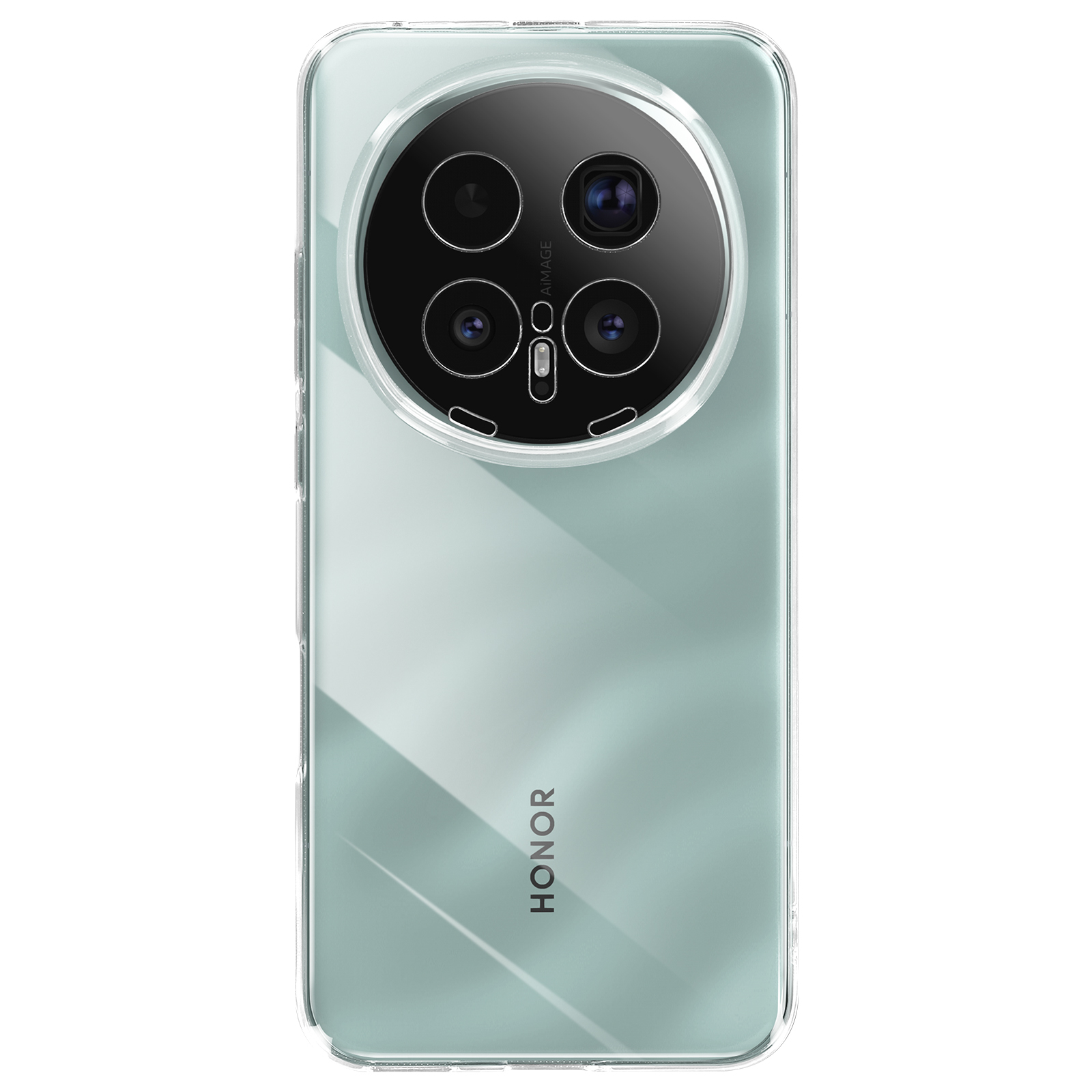 Uno smartphone verde menta con modulo fotocamera rotondo e logo HONOR.