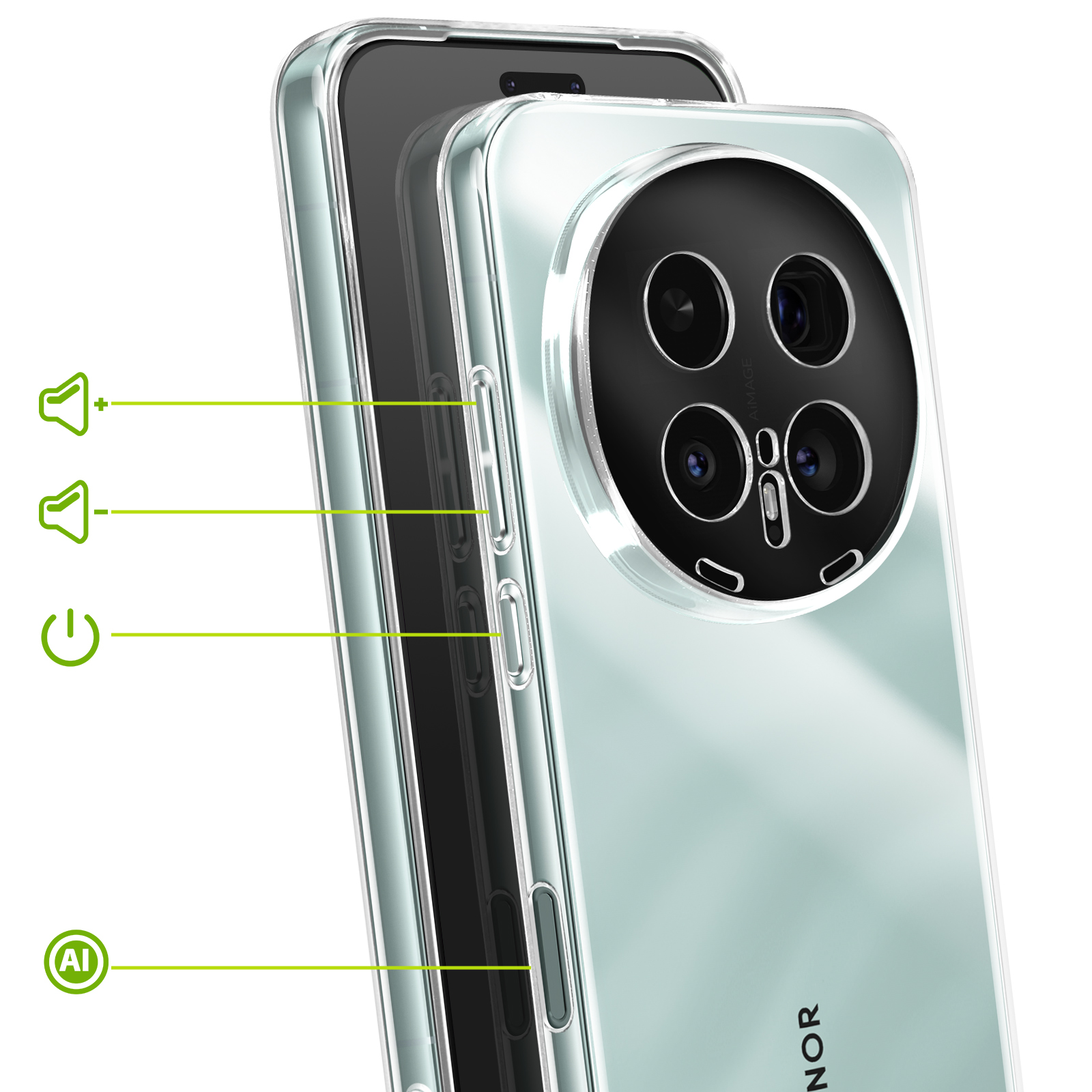Una custodia trasparente per telefono che evidenzia fotocamera e pulsanti.