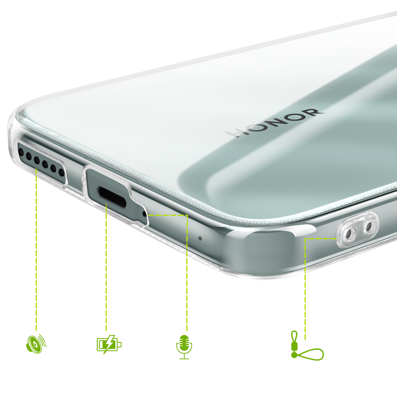 Custodia trasparente per telefono con logo HONOR, porta di ricarica, altoparlanti, microfono.