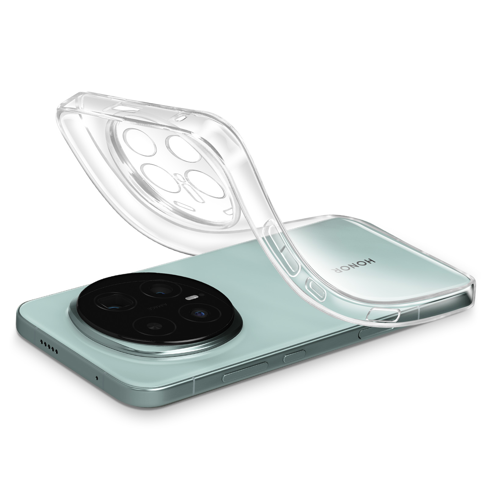 Una cover trasparente per telefono giace su uno smartphone verde chiaro.