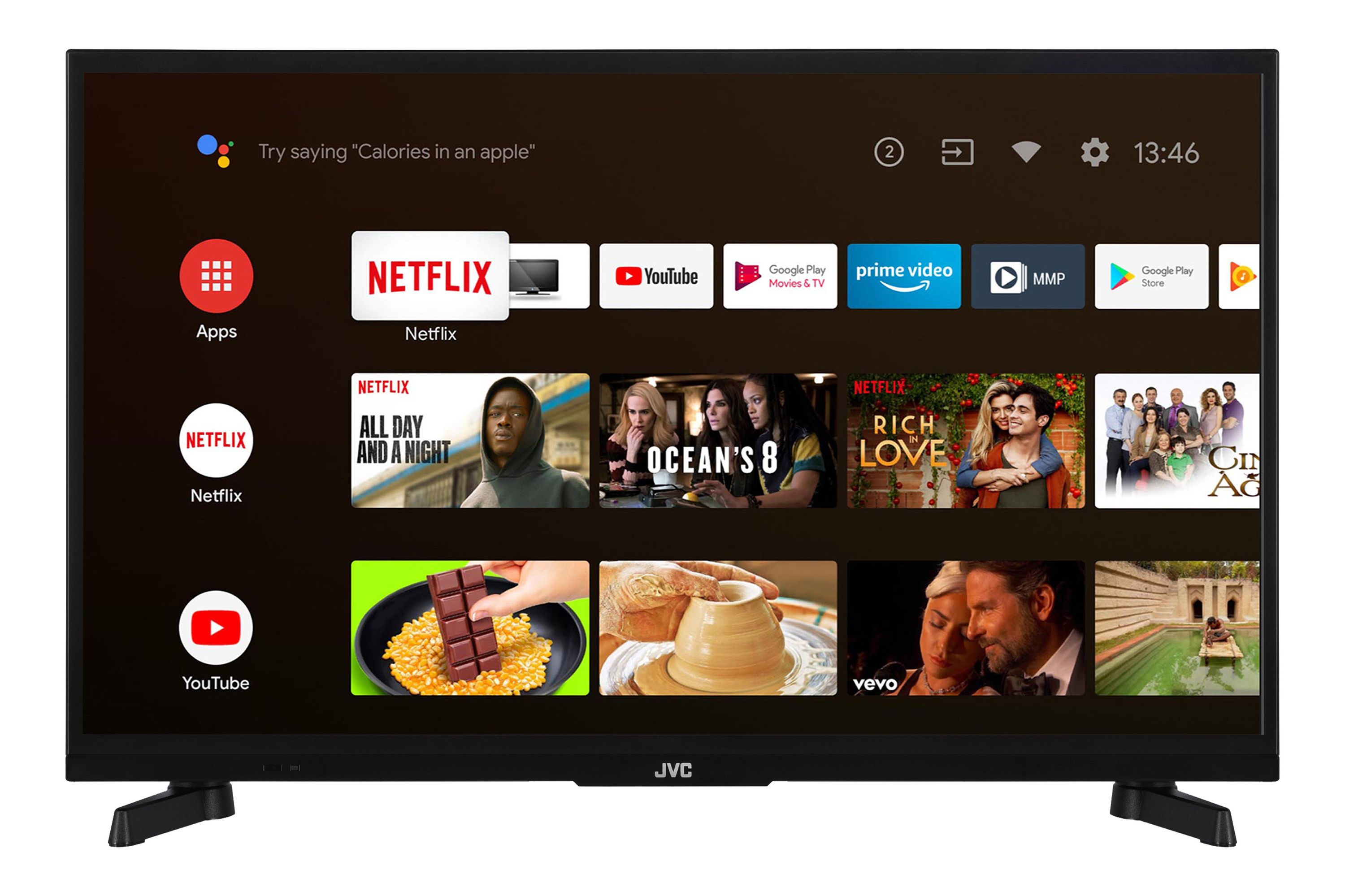 Ein Fernsehbildschirm zeigt eine Smart-TV-Oberfläche mit Apps wie Netflix, YouTube und Prime Video.